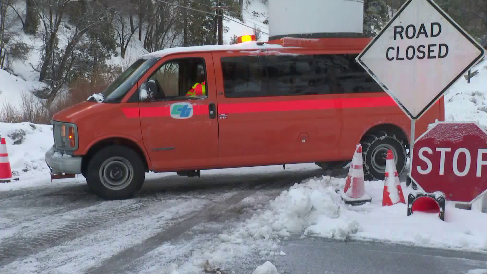 A Caltrans van is seen at a blocked portion of Green Valley Lake Road in the Big Bear area on Feb. 16, 2019. (Credit: KTLA)