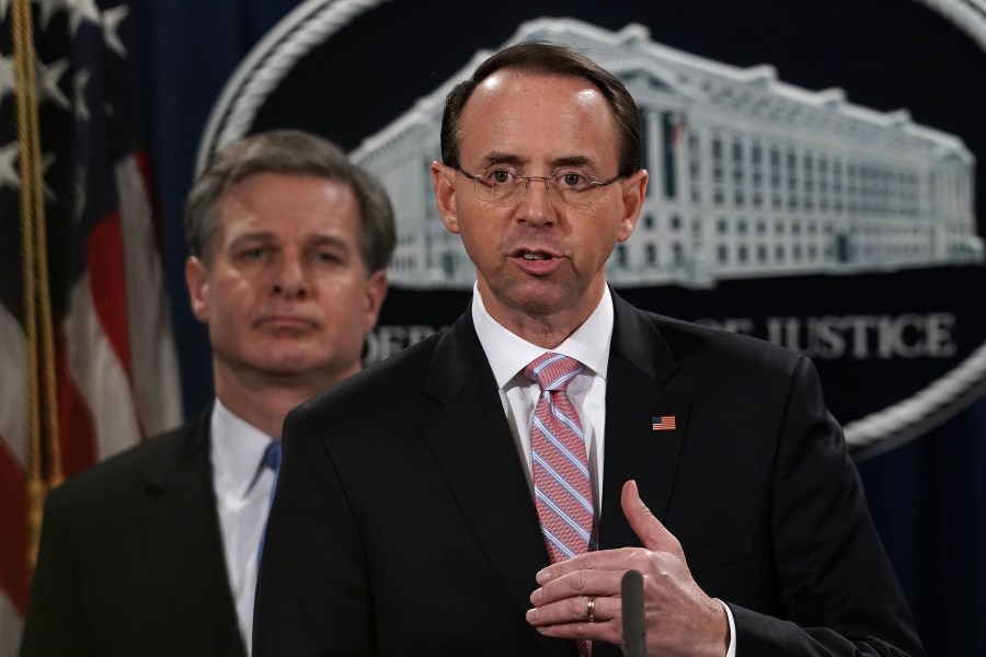 Deputy Attorney General Rod Rosenstein speaks during a news conference at the Justice Department to announce a China-related national security law enforcement action on Dec. 20, 2018. (Credit: Alex Wong / Getty Images)