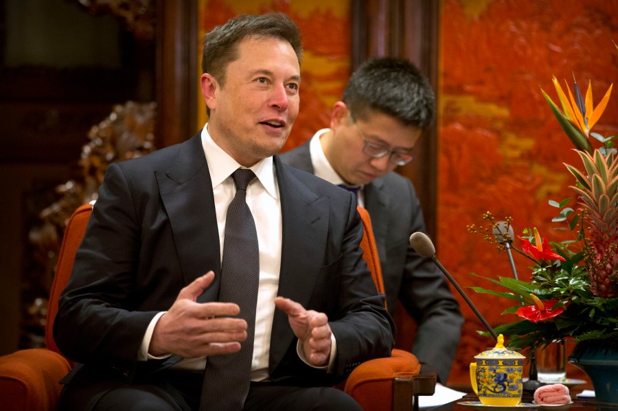 Tesla CEO Elon Musk speaks during a meeting with Chinese Premier Li Keqiang (not pictured) at the Zhongnanhai leadership compound in Beijing on Jan. 9, 2019. (Credit: Mark Schiefelbein / AFP / Getty Images)