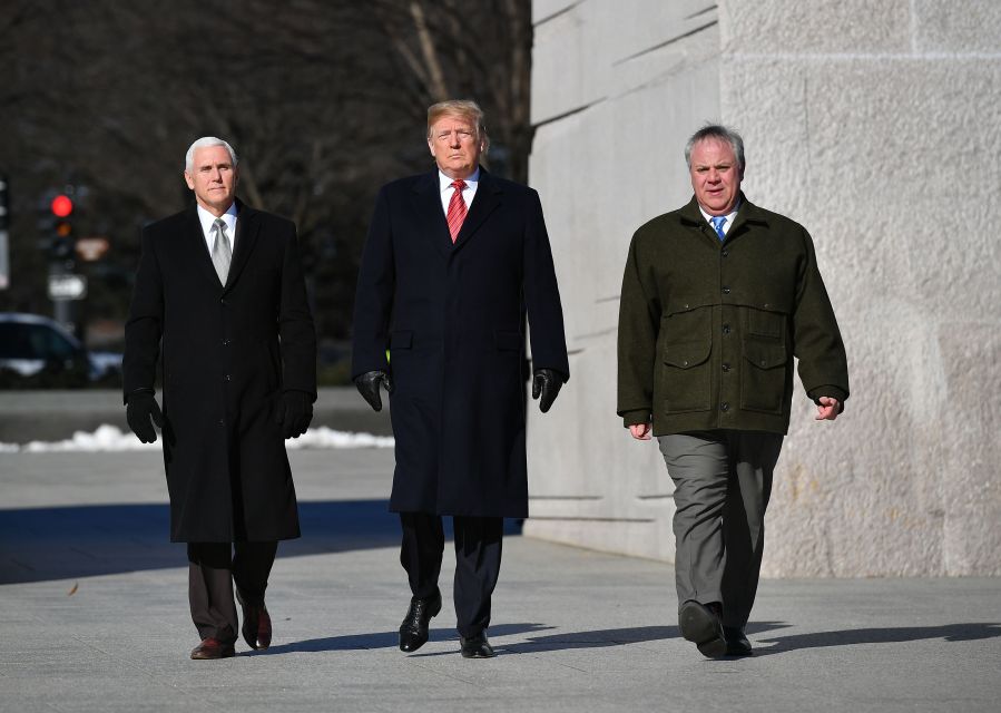 Donald Trump, Vice President Mike Pence (left) and acting Interior Secretary David Bernhardt (right) visit the Martin Luther King Jr. Memorial in Washington, D.C. on Jan. 21, 2019. (Credit: Mandel Ngan/AFP/Getty Images)