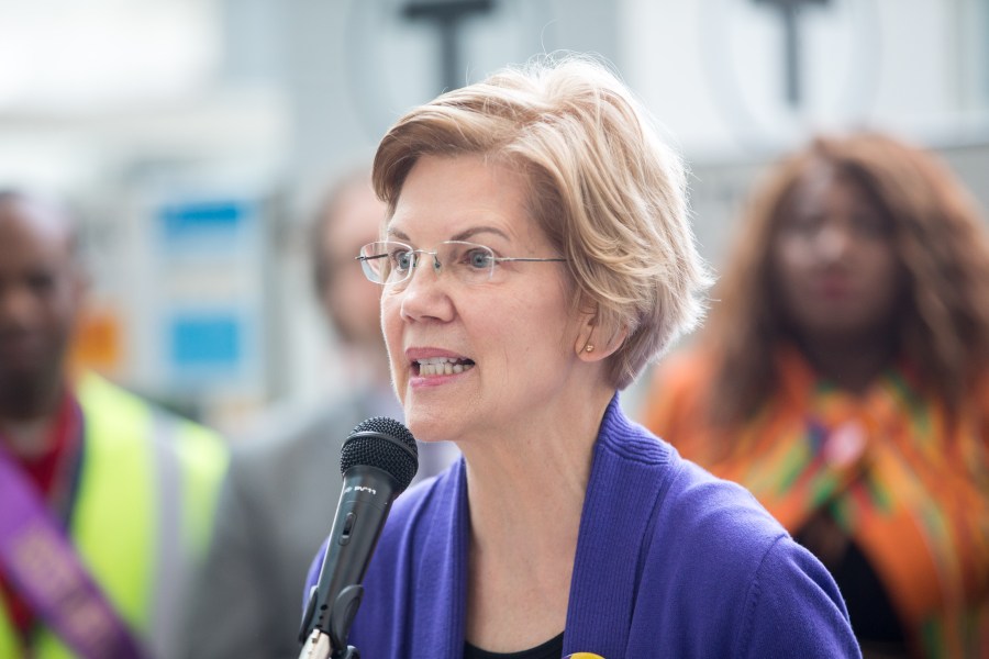 Sen. Elizabeth Warren (D-MA), speaks during a rally for airport workers affected by the government shutdown at Boston Logan International Airport on Jan. 21, 2019, in Boston, Mass. (Credit: Scott Eisen/Getty Images)