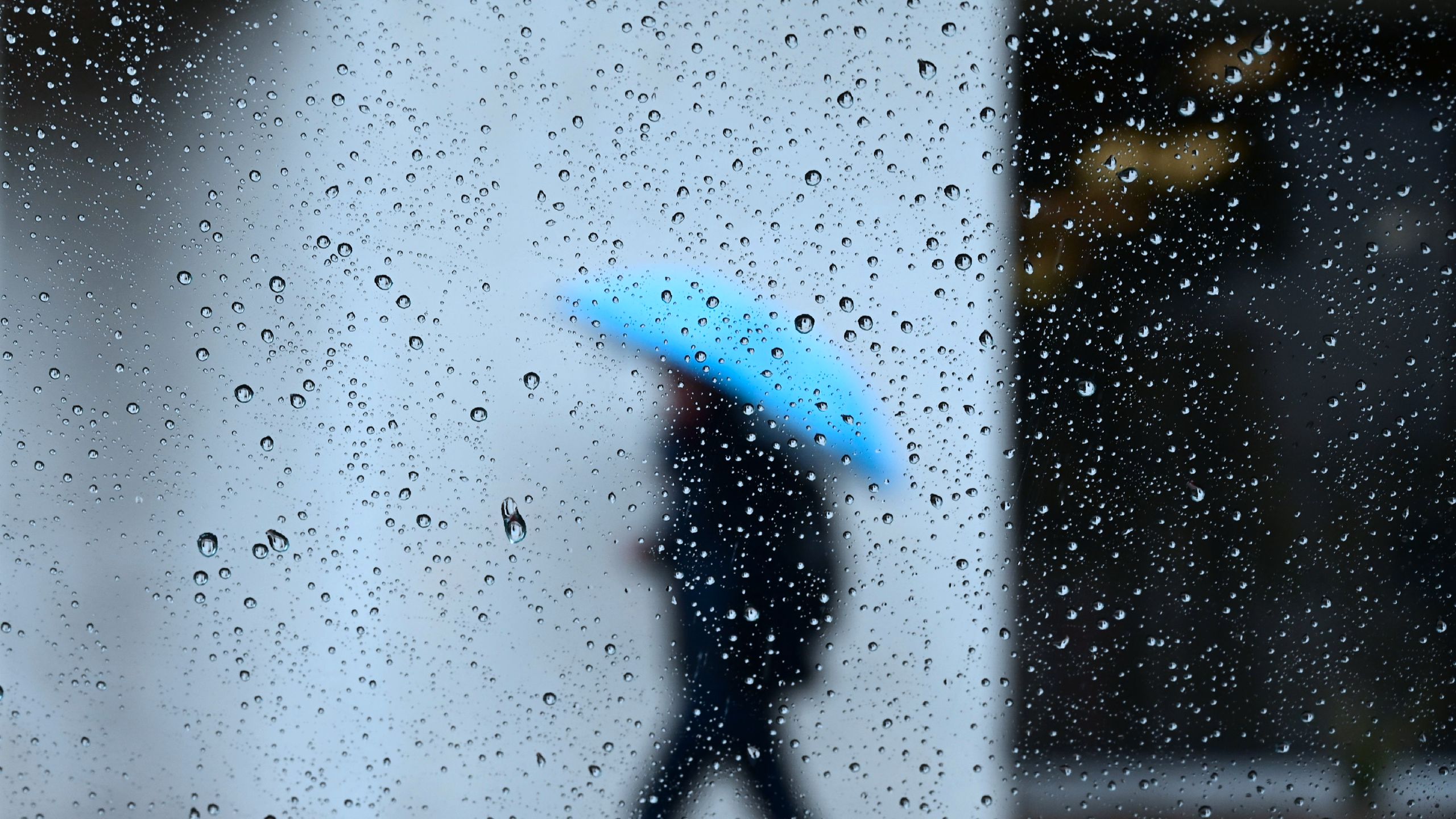 Raindrops are seen on a vehicle window as a pedestrian walks in the rain in Los Angeles, California on Jan. 31, 2019, as heavy rains hit Southern California. (FREDERIC J. BROWN/AFP/Getty Images)