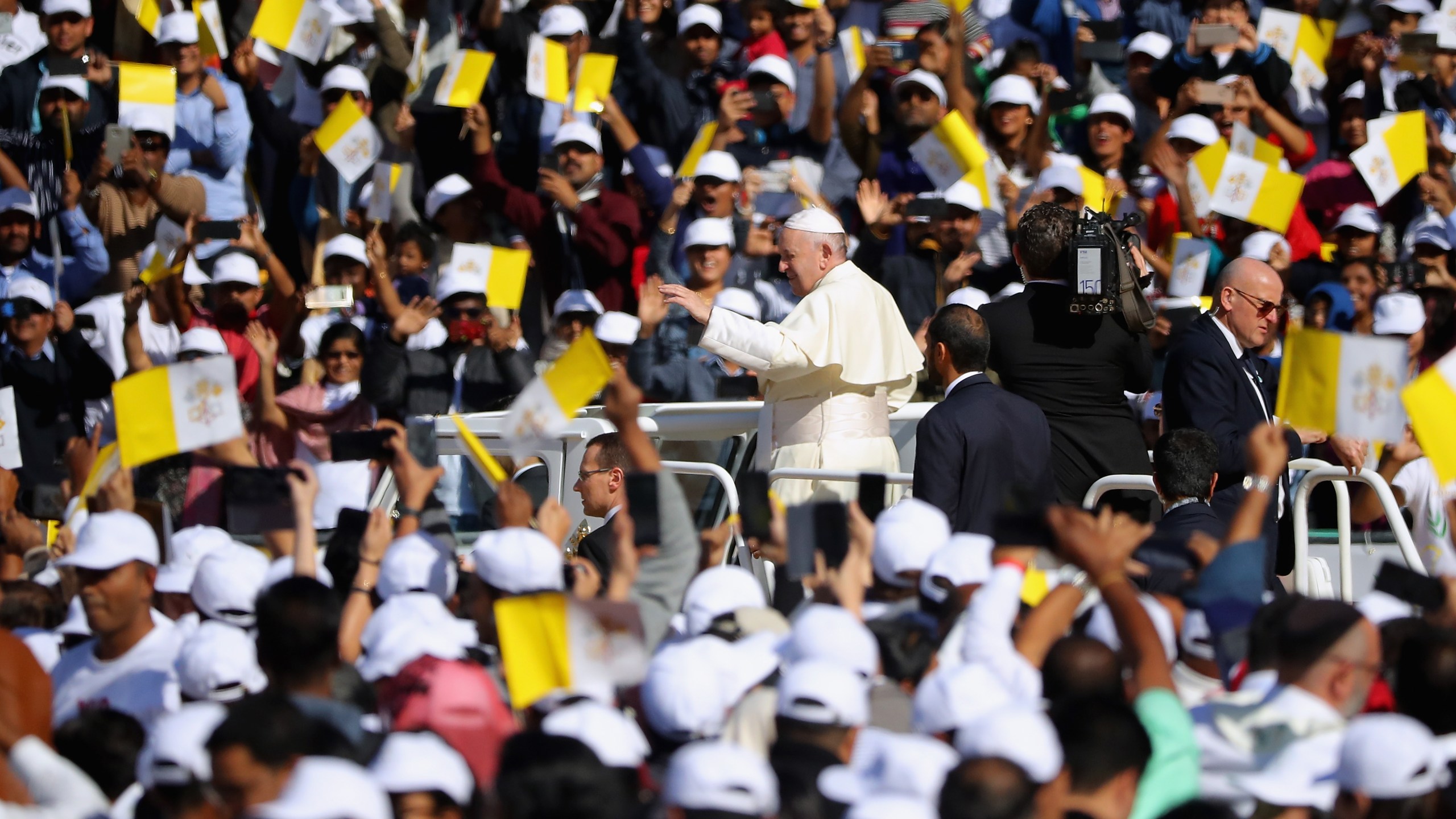 Pope Francis arrives to celebrate Mass at Zayed Sport City on February 5, 2019 in Abu Dhabi, United Arab Emirates. (Credit: Francois Nel/Getty Images)