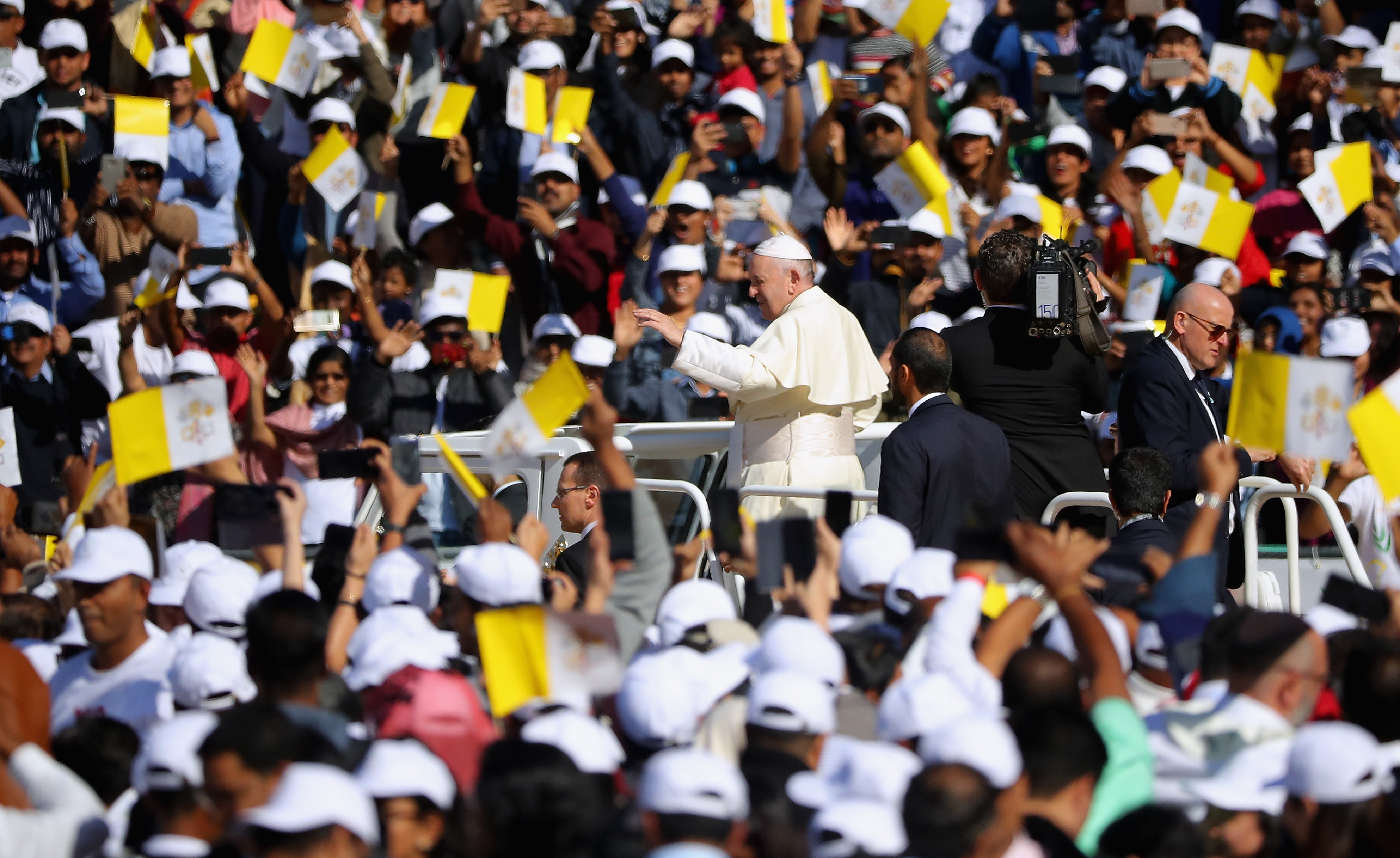 Pope Francis arrives to celebrate Mass at Zayed Sport City on February 5, 2019 in Abu Dhabi, United Arab Emirates. (Credit: Francois Nel/Getty Images)