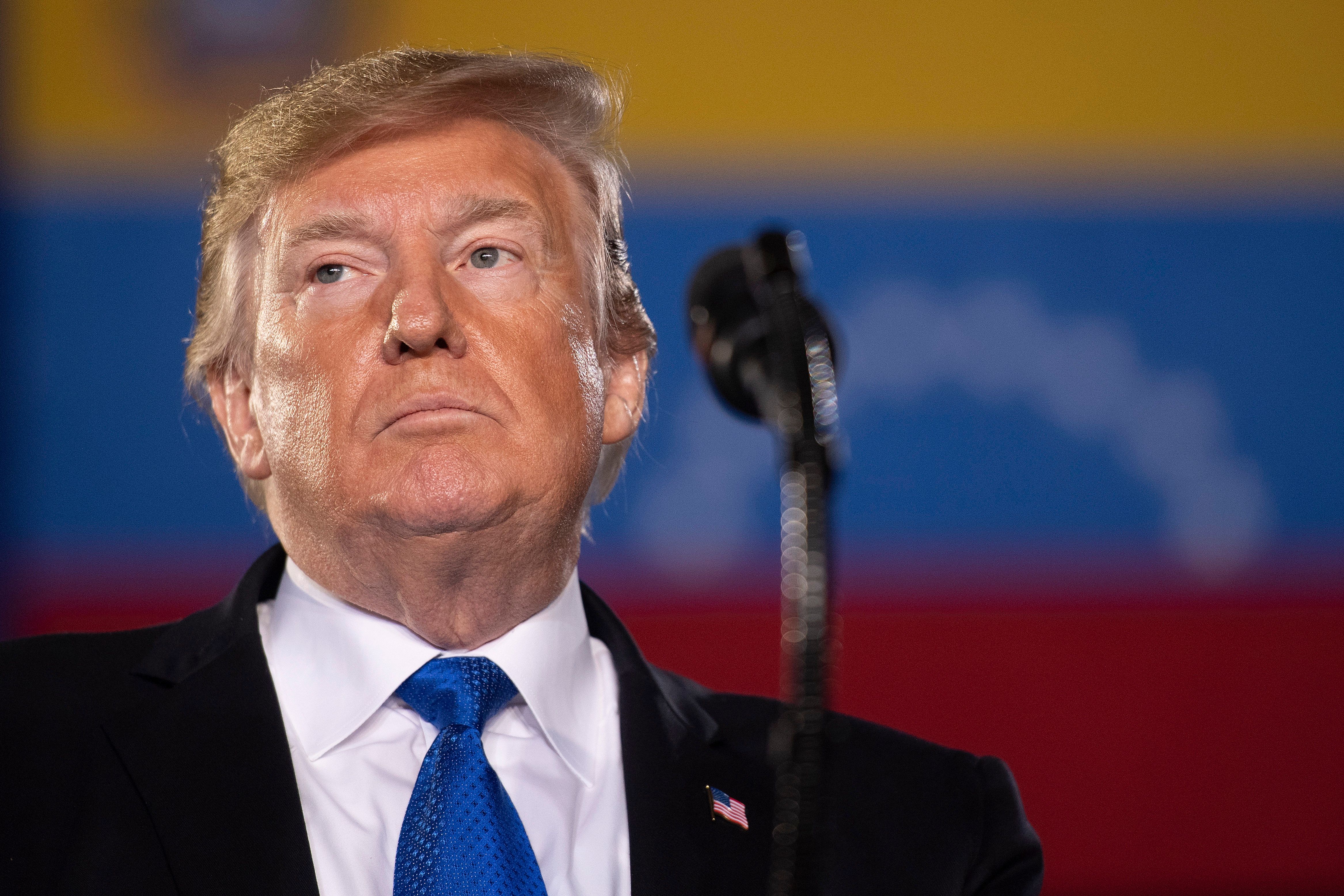 President Donald Trump delivers remarks to the Venezuelan American community at Florida International University Ocean Bank Convocation Center in Miami, Florida, on Feb. 18, 2019. (Credit: Jim Watson/AFP/Getty Images)