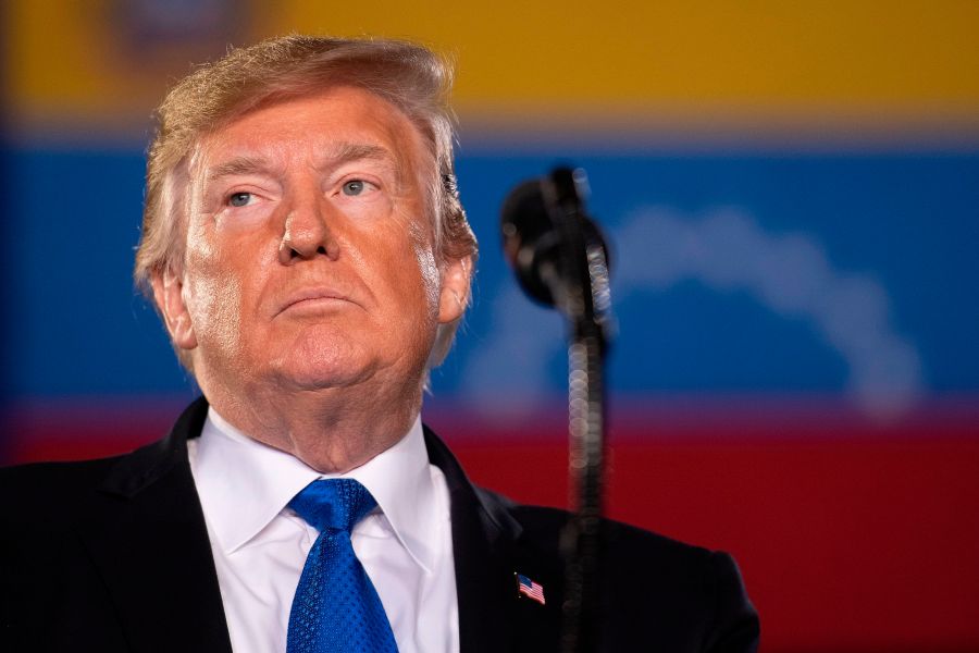 President Donald Trump delivers remarks to the Venezuelan American community at Florida International University Ocean Bank Convocation Center in Miami, Florida, on Feb. 18, 2019. (Credit: Jim Watson/AFP/Getty Images)