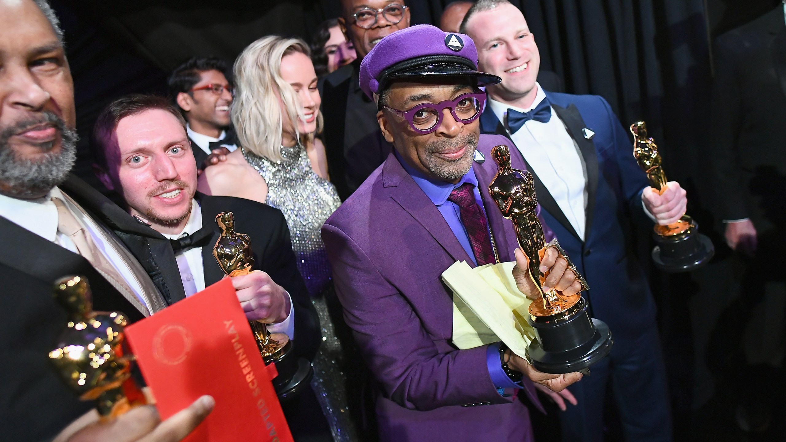 In this handout provided by A.M.P.A.S., Spike Lee (second from right), pose with the Best Adapted Screenplay award for "BlacKkKlansman" backstage during the 91st Annual Academy Awards at the Dolby Theatre on Feb. 24, 2019 in Hollywood. (Credit: Matt Petit - Handout/A.M.P.A.S. via Getty Images)