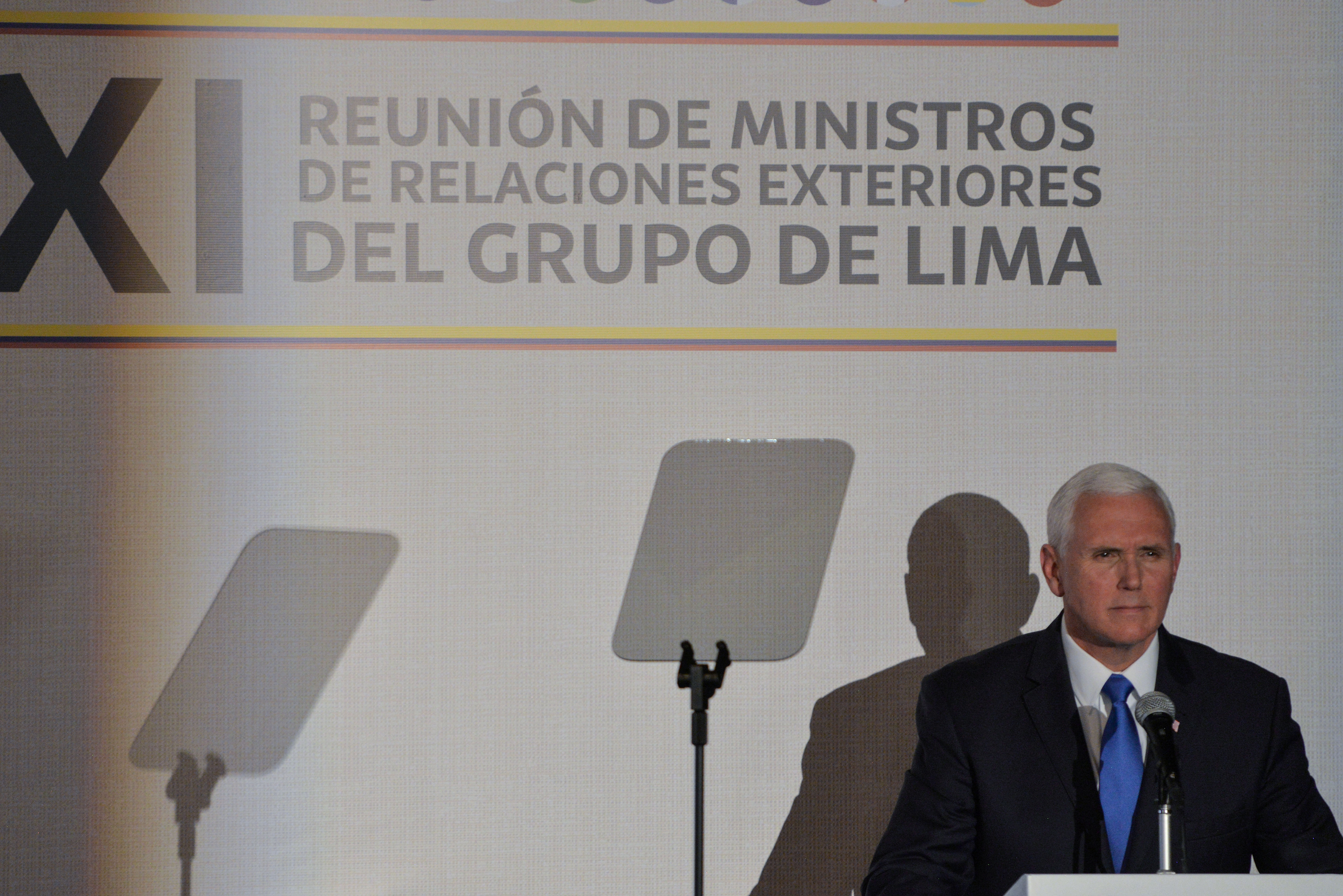 Vice President Mike Pence delivers a speech during a meeting with Foreign Ministers of the Lima Group, Venezuelan opposition leader and self-declared acting president Juan Guaido and other Latin American leaders at Colombia's Foreign Affairs Ministry in Bogota, on February 25, 2019. (Credit: DIANA SANCHEZ/AFP/Getty Images)