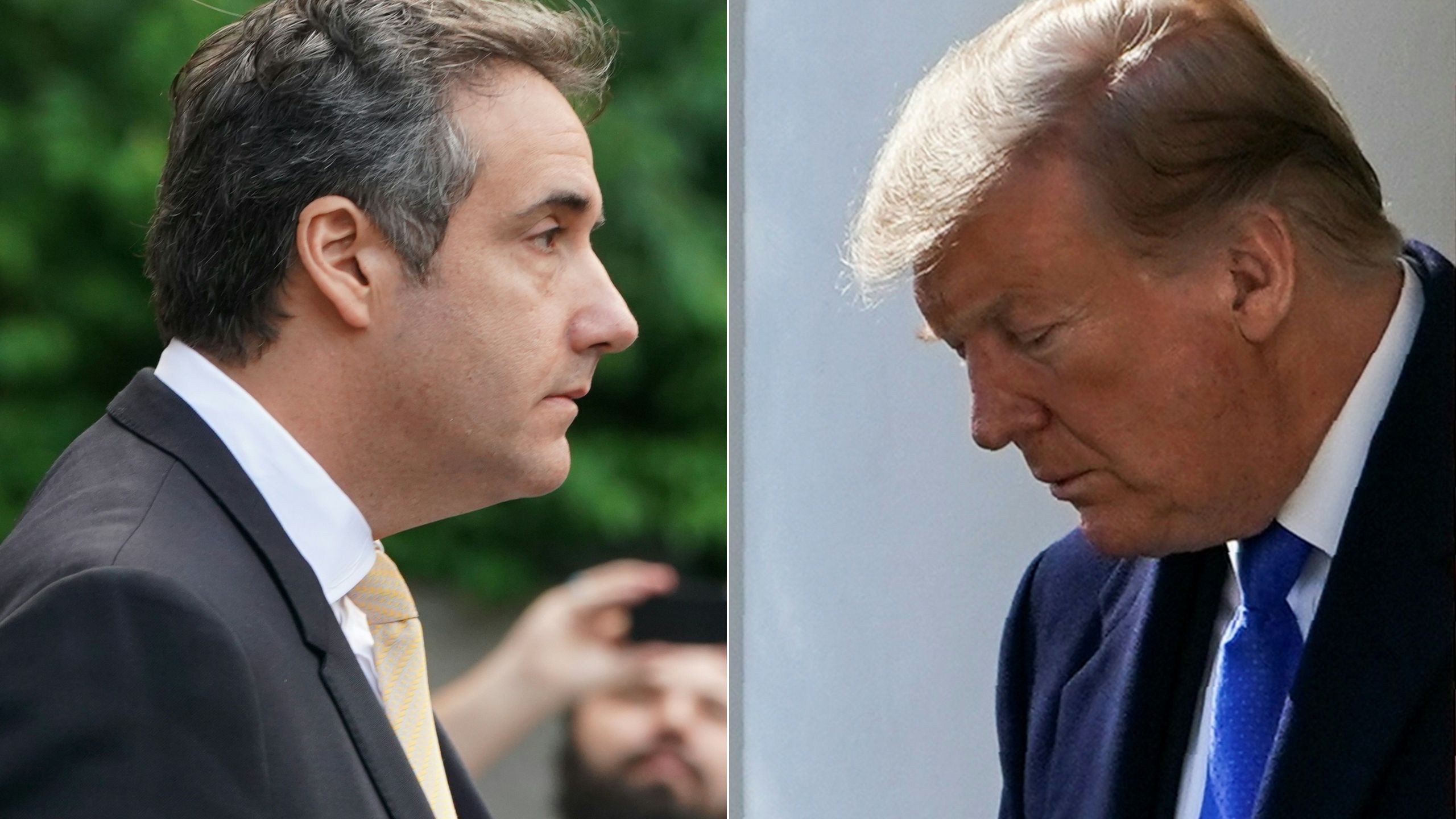 This combination of pictures created on Feb. 26, 2019, shows Michael Cohen, former personal lawyer for U.S. President Donald Trump, leaving federal court on Aug. 21, 2018, in New York, and U.S. President Donald Trump arriving to deliver remarks in the Rose Garden at the White House in Washington, D.C. on Feb. 15, 2019. (Credit: DON EMMERT, BRENDAN SMIALOWSKI/AFP/Getty Images)