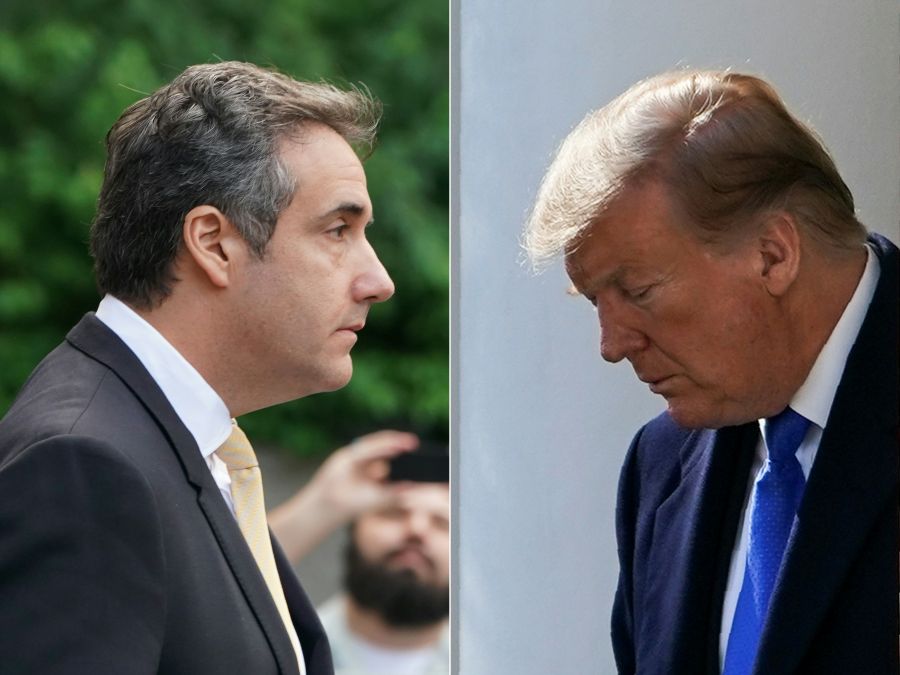 This combination of pictures created on Feb. 26, 2019, shows Michael Cohen, former personal lawyer for U.S. President Donald Trump, leaving federal court on Aug. 21, 2018, in New York, and U.S. President Donald Trump arriving to deliver remarks in the Rose Garden at the White House in Washington, D.C. on Feb. 15, 2019. (Credit: DON EMMERT, BRENDAN SMIALOWSKI/AFP/Getty Images)