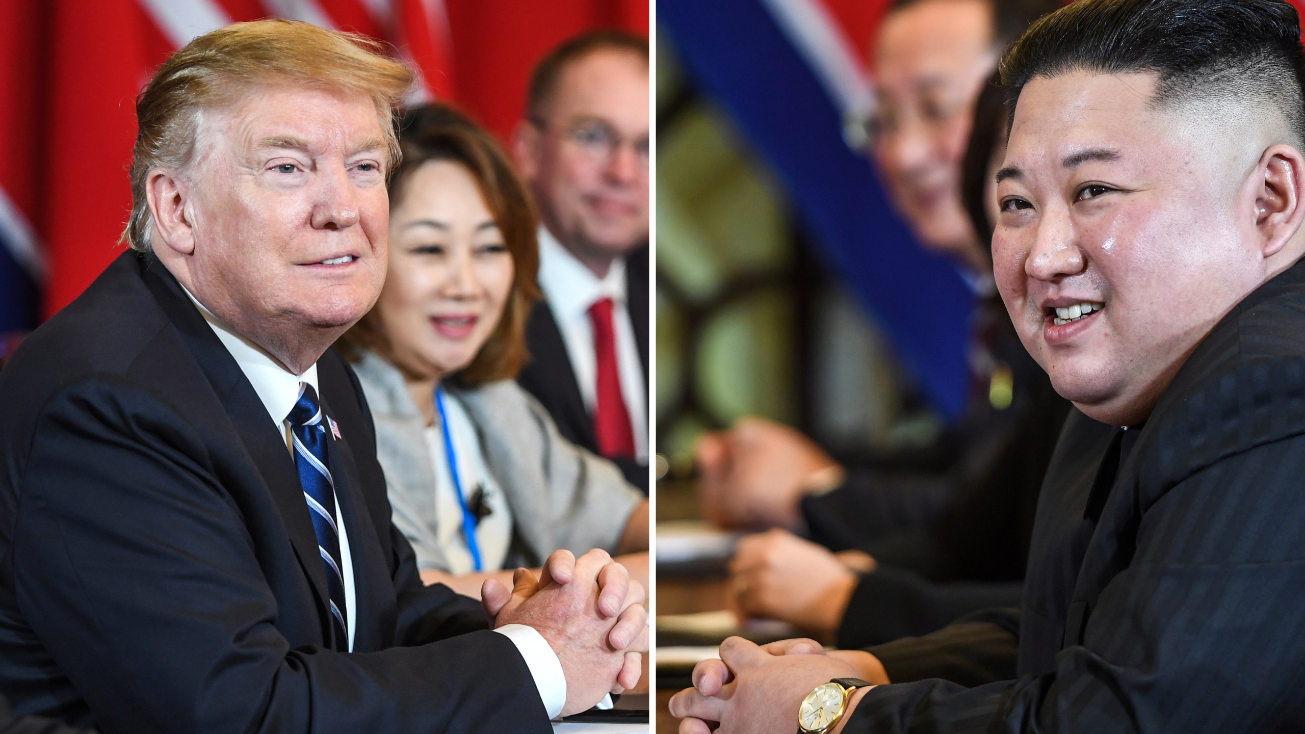 This combination of pictures made and taken on February 28, 2019, shows U.S. President Donald Trump (L) and North Korea's leader Kim Jong Un (R) smiling during a bilateral meeting at the second US-North Korea summit at the Sofitel Legend Metropole hotel in Hanoi. (Credit: Saul Loeb/AFP/Getty Images)