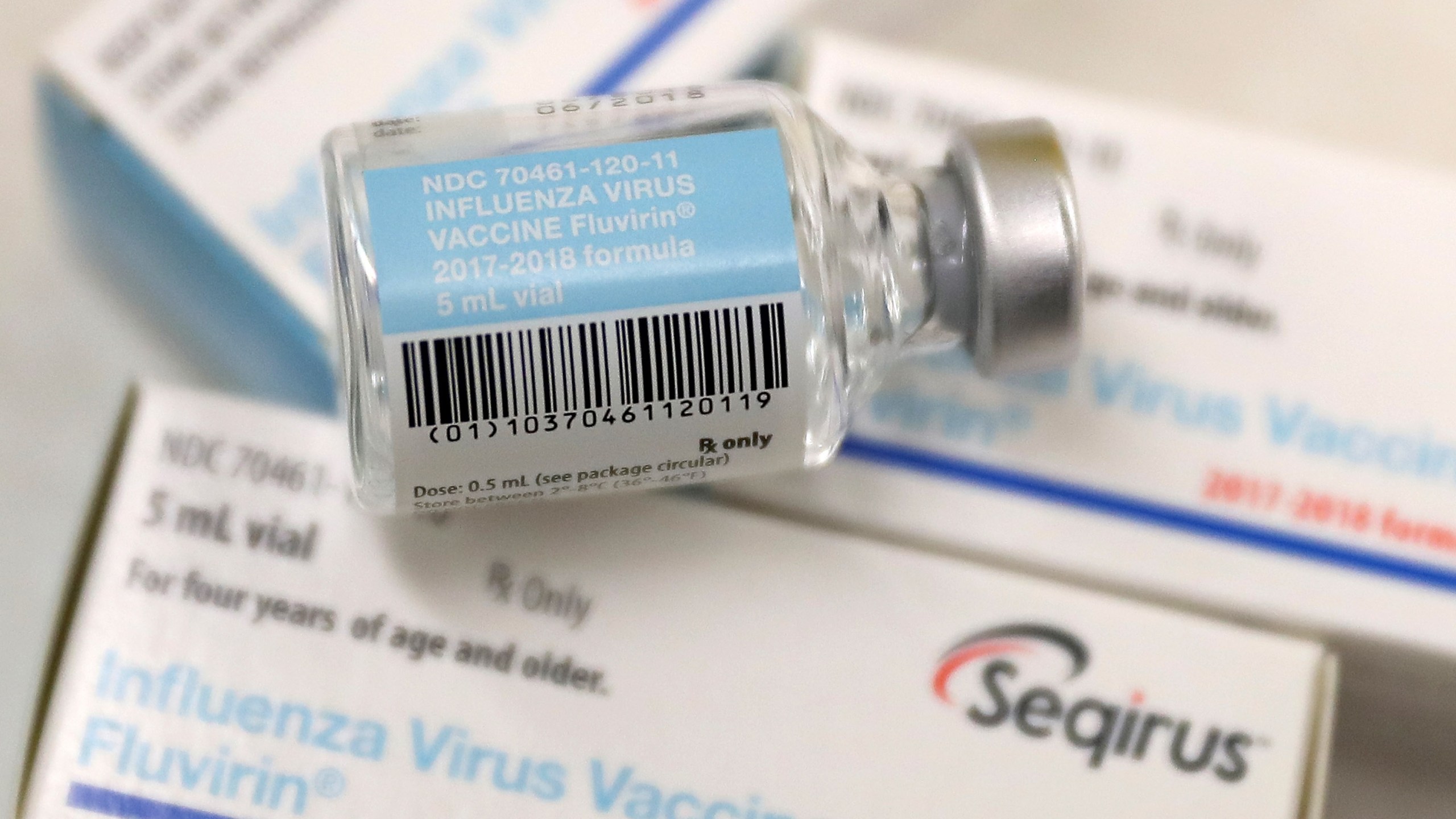 Vials of the Fluvirin influenza vaccine are displayed at a Walgreens pharmacy on January 22, 2018 in San Francisco. (Credit: Justin Sullivan/Getty Images)