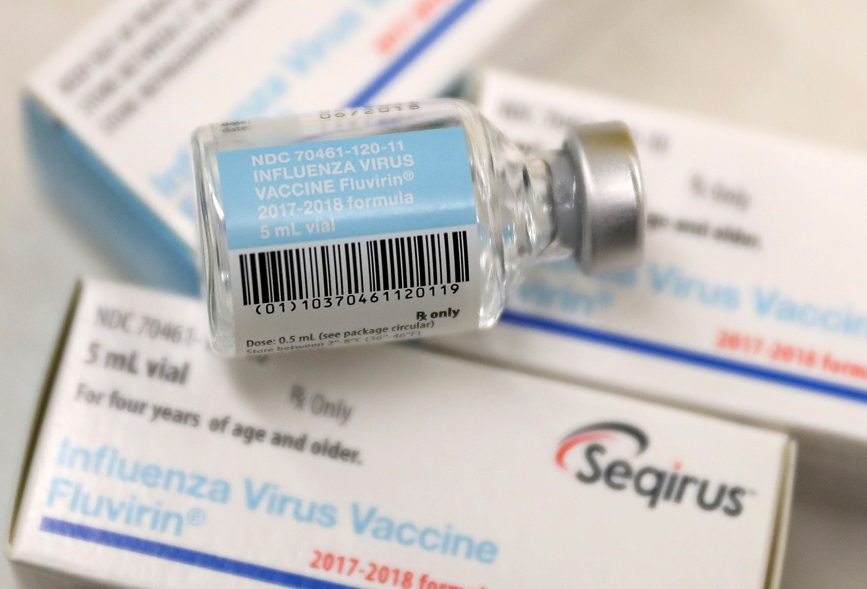 Vials of the Fluvirin influenza vaccine are displayed at a Walgreens pharmacy on January 22, 2018 in San Francisco. (Credit: Justin Sullivan/Getty Images)