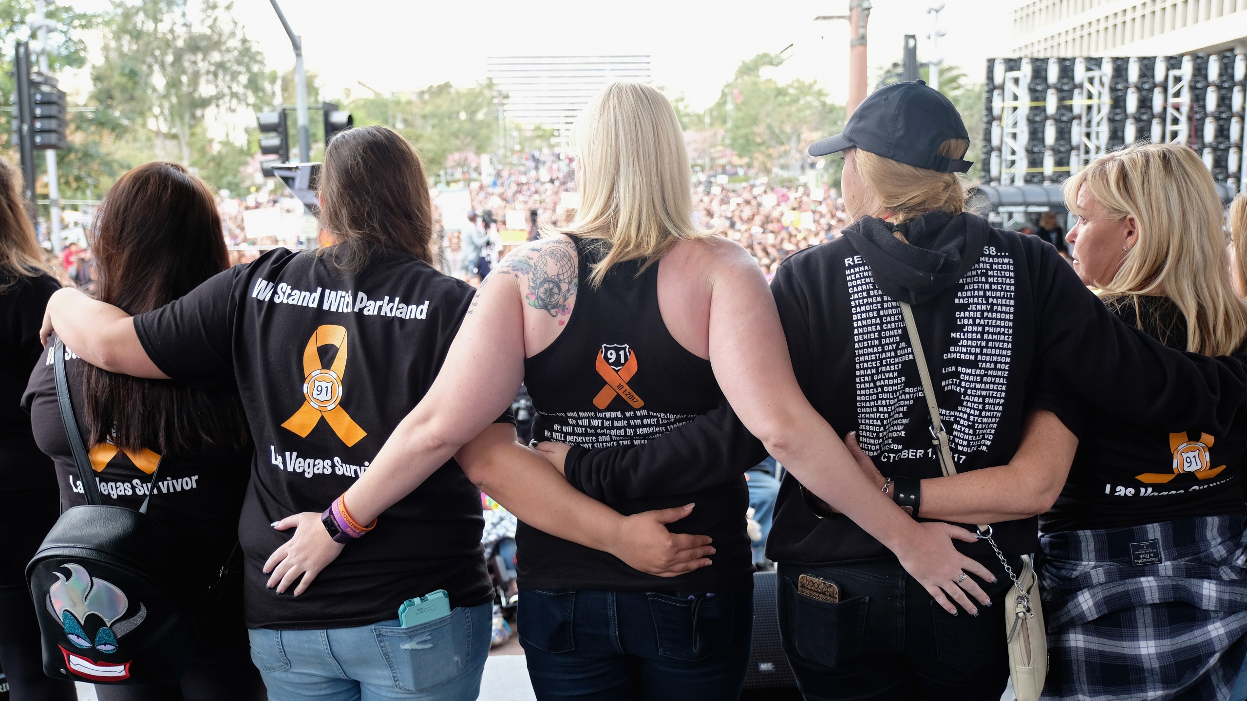 Survivors of the Route 91 Harvest music festival mass shooting in Las Vegas speak at the March for Our Lives Los Angeles rally on March 24, 2018 in Los Angeles, California. (Credit: Sarah Morris/Getty Images)