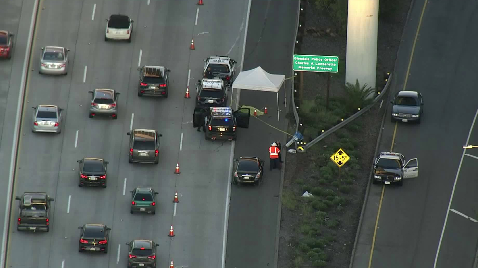 Patrol vehicles are seen on the westbound 134 Freeway in Glendale on Feb. 6, 2019. (Credit: KTLA)