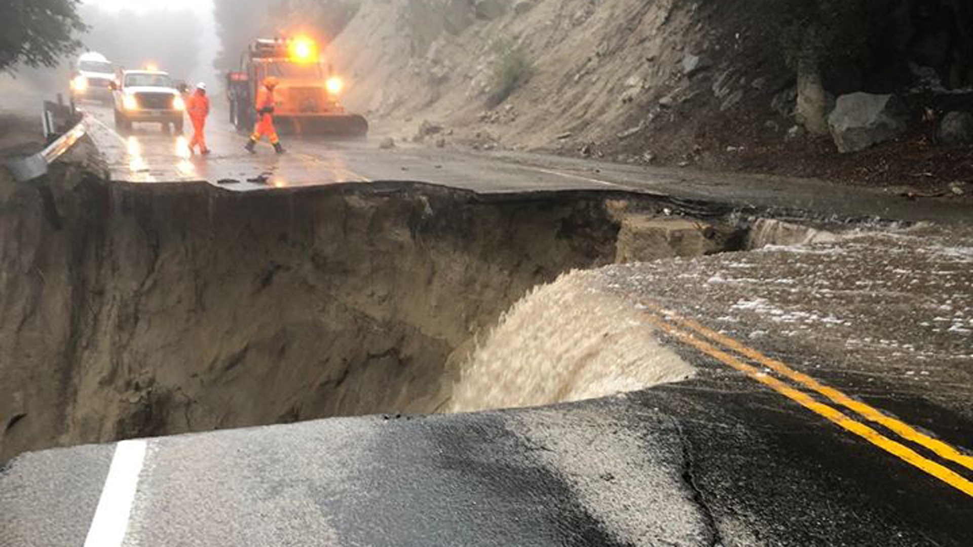 Highway 243 was closed on Feb. 14, 2019 after heavy rainfall led to erosion on the roadway. (Credit: Caltrans)