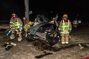 Redlands firefighters respond to the scene of a one-vehicle collision on the 10 Freeway in Redlands on Feb. 16, 2019.