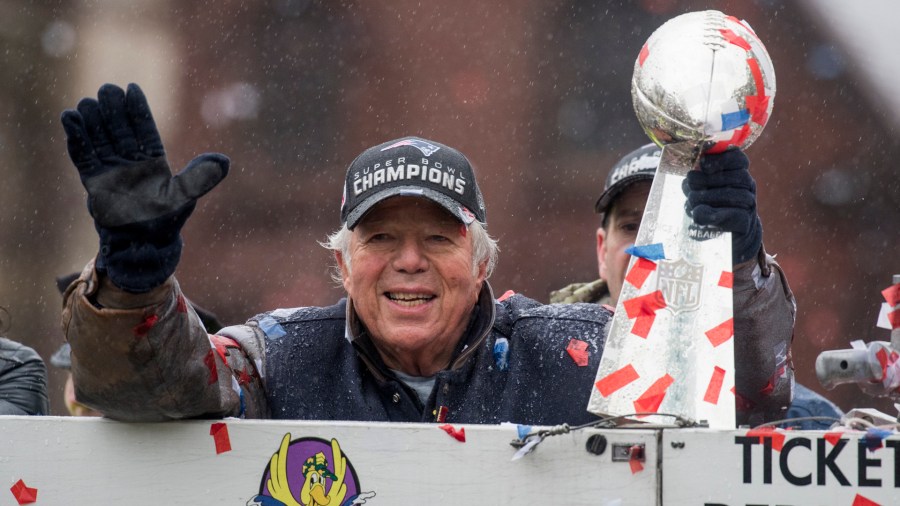 New England Patriots owner Robert Kraft waves to the crowd during a Super Bowl victory parade on February 7, 2017 in Boston. (Credit: Michael J. Ivins/Getty Images)