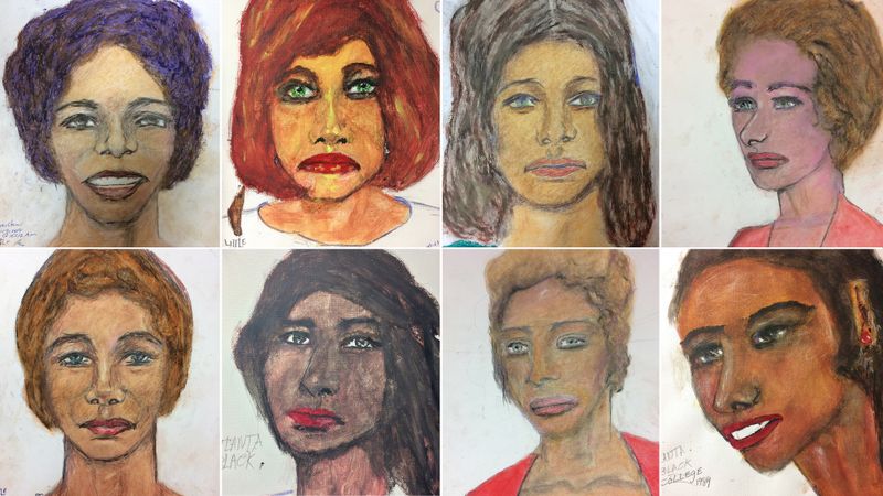 Portraits painted by Samuel Little showing 8 of his victims. (Credit: FBI via Los Angeles Times)