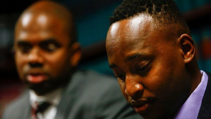 Leon Nyarecha speaks at a Feb. 28, 2019, news conference about the death of his brother Lewis Nyarecha, who was found unresponsive in June by a fellow inmate at the Twin Towers jail. (Credit: Kent Nishimura / Los Angeles Times)