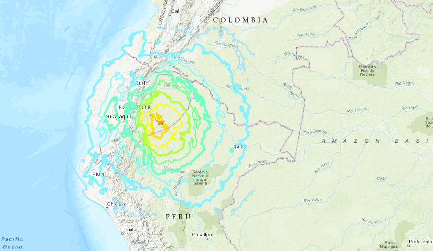 A USGS map shows the location of a very powerful earthquake that struck Ecuador on Feb. 22, 2019.