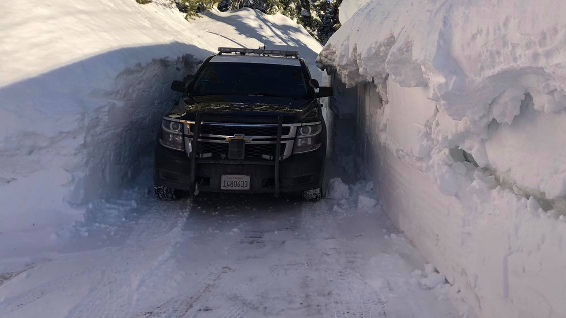 A patrol vehicle navigating a stretch of Interstate 80 in the Donner Pass area of the Sierra Nevada west of Truckee on Feb. 27, 2019. (Credit: California Highway Patrol Truckee Division/ Facebook)