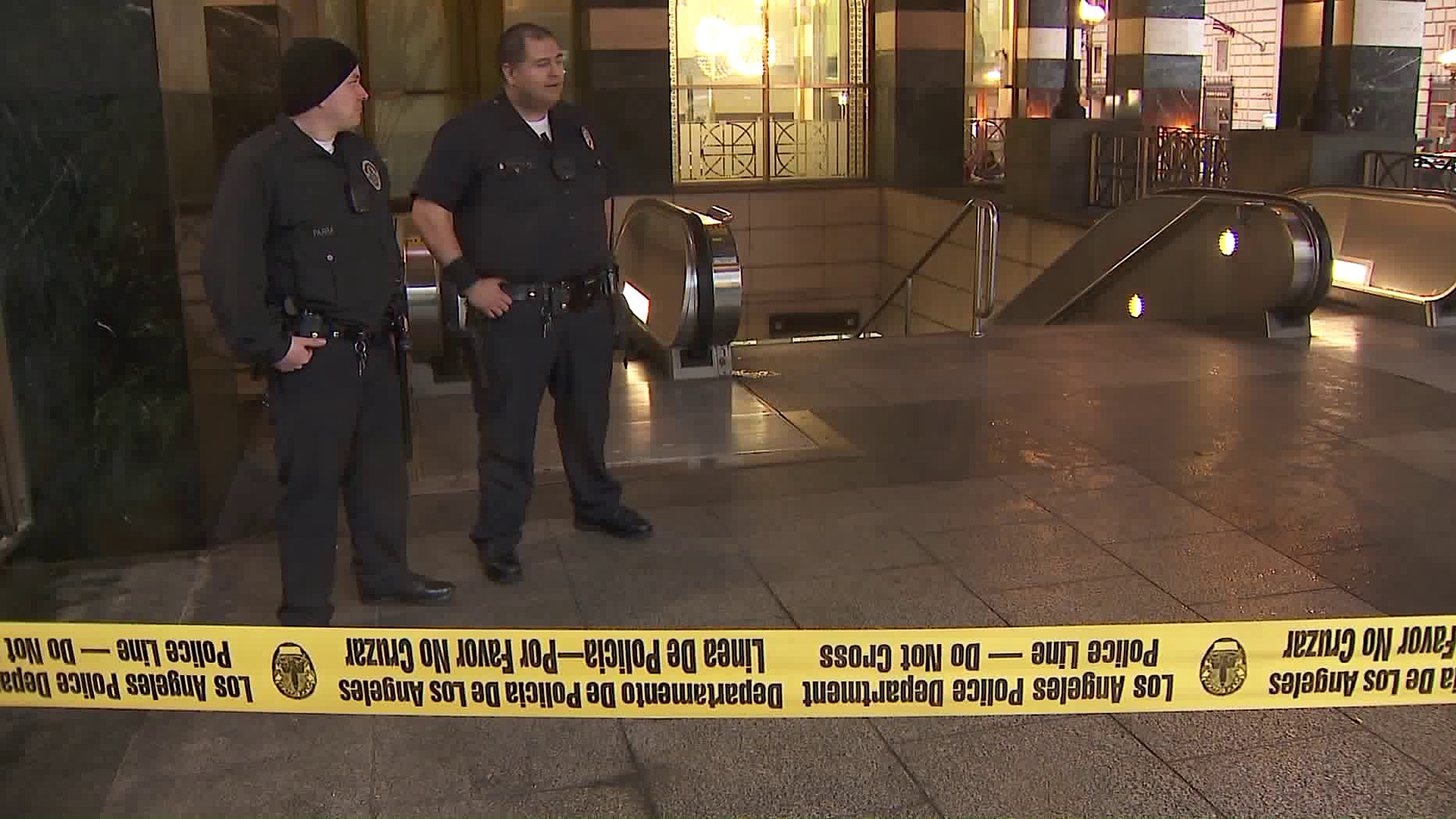 Police respond to a fatal officer-involved shooting in downtown Los Angeles on Feb. 14, 2019. (Credit: KTLA)