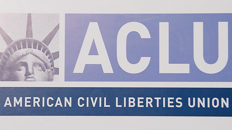 A sign for the American Civil Liberties Union (ACLU) is seen at a press conference in 2006. (Credit: KAREN BLEIER/AFP/Getty Images)