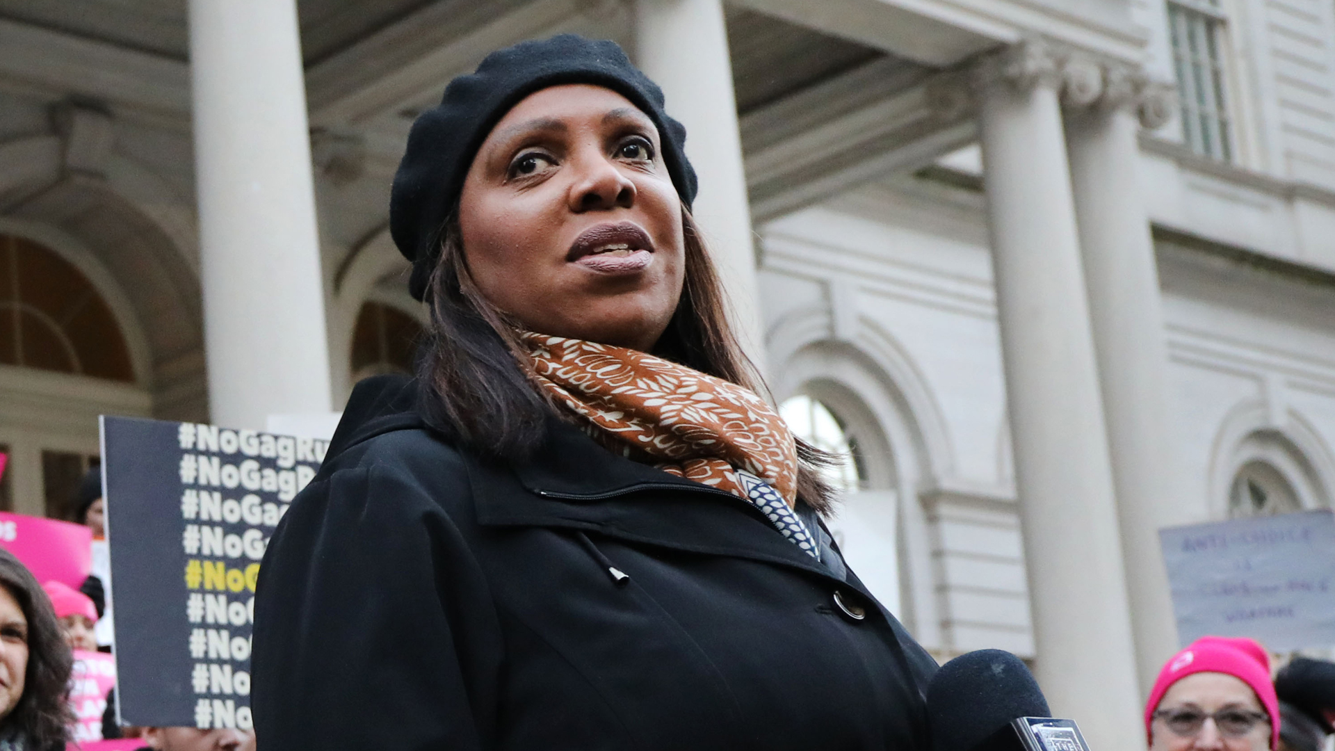 Attorney General Letitia James speaks at a news conference and demonstration with pro-choice activists, associated with Planned Parenthood at City Hall against the Trump administration's title X rule change on Feb. 25, 2019, in New York City. (Credit: Spencer Platt/Getty Images)