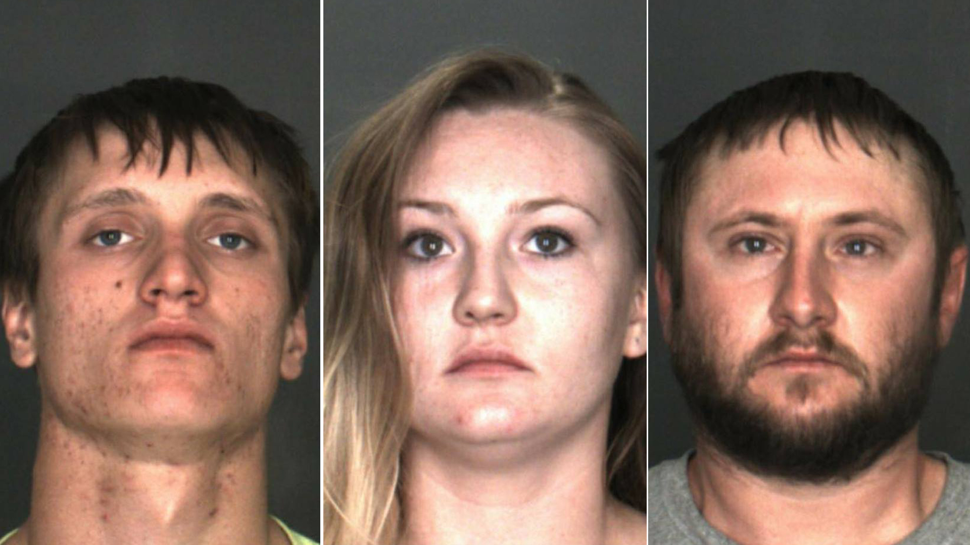 Ronald Wolfe and Nichole and Kyle Stewart appear in booking photos released by Chino police on March 19, 2019.