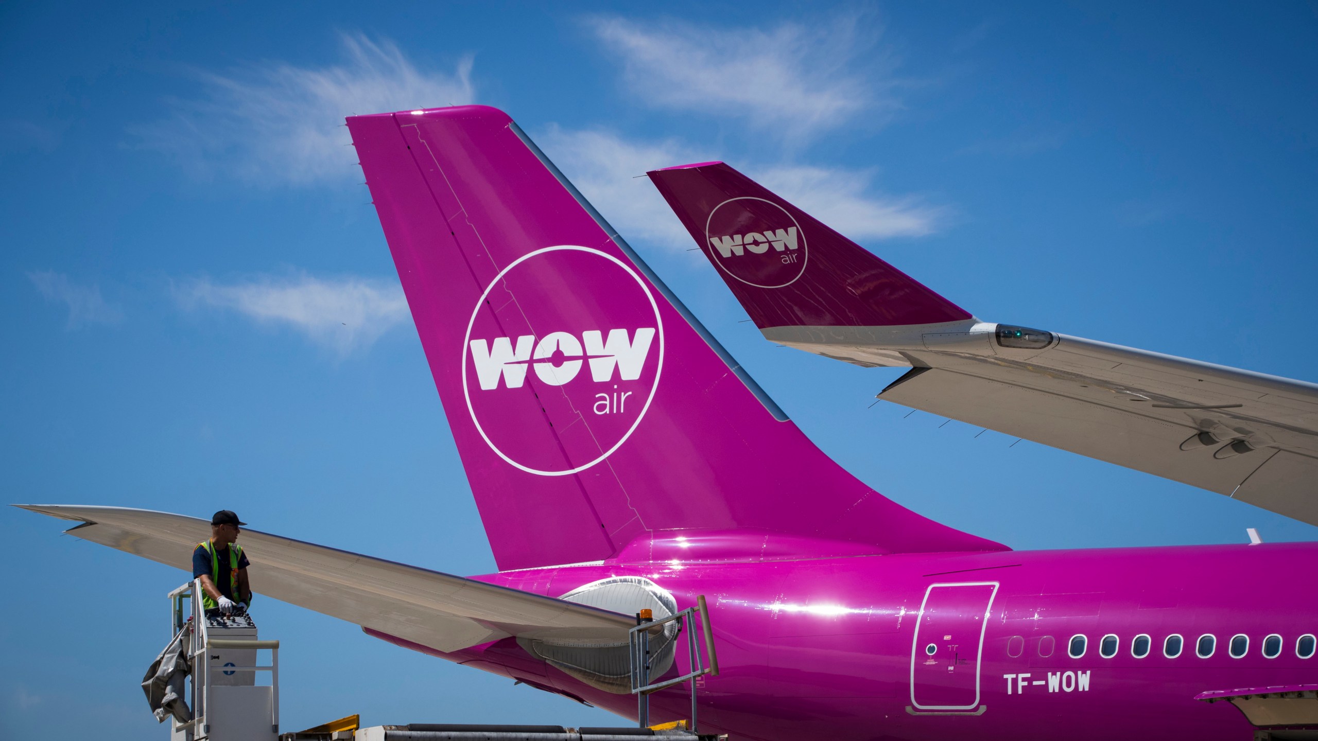 A picture taken on Aug. 6, 2018, shows a Wow plane on the tarmac of Roissy-Charles de Gaulle Airport, north of Paris. (Credit: JOEL SAGET/AFP/Getty Images)