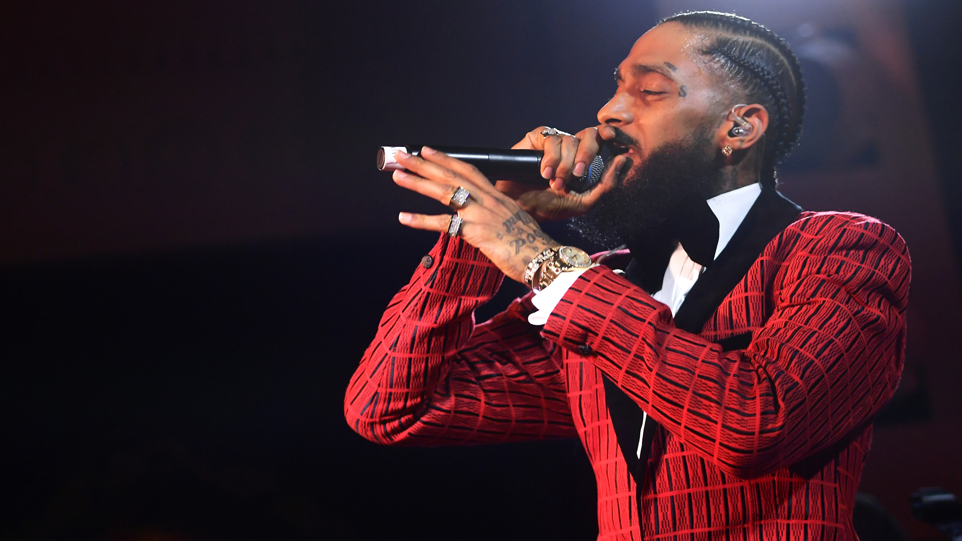 Nipsey Hussle performs at the Warner Music Pre-Grammy Party at the NoMad Hotel on Feb. 7, 2019, in Los Angeles. (Matt Winkelmeyer/Getty Images for Warner Music)