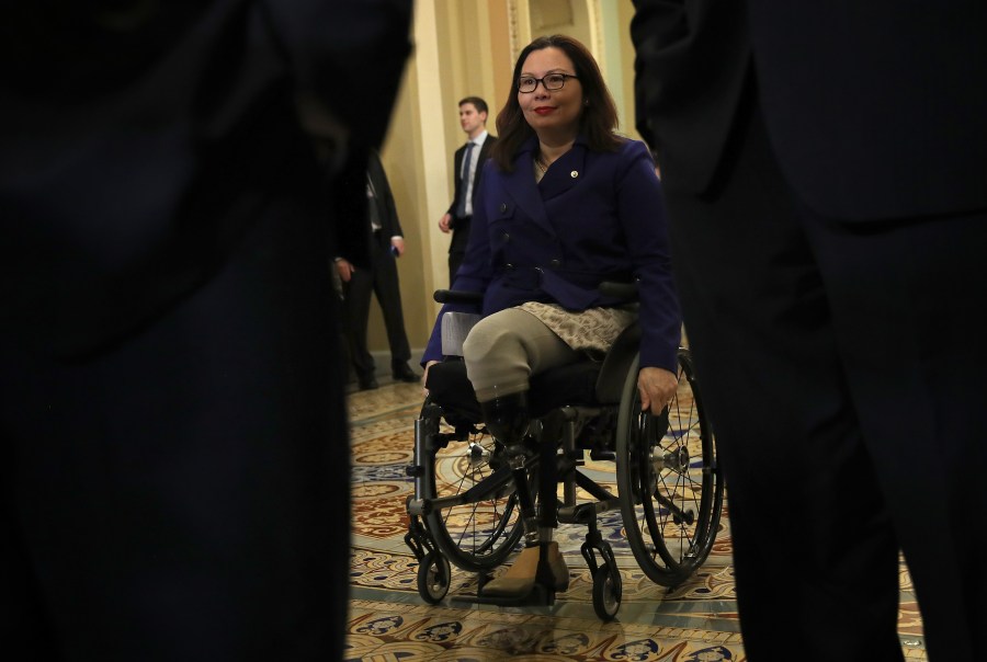 Sen. Tammy Duckworth arrives for a press conference with Democratic leaders following the Democratic policy luncheon in Washington, DC, on Jan. 29, 2019. (Credit: Win McNamee / Getty Images)