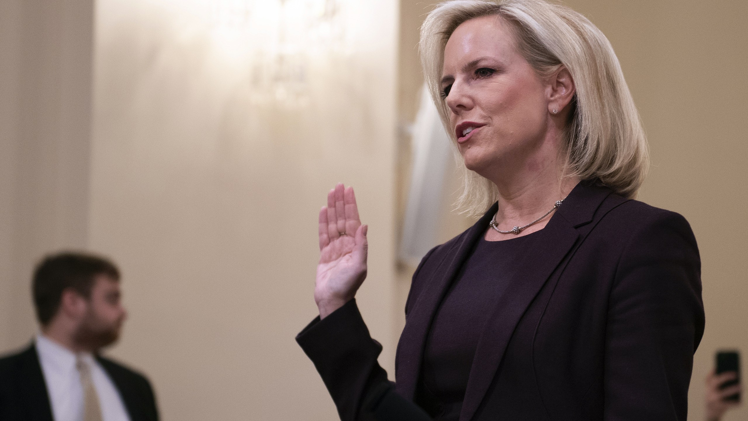 Homeland Security Secretary Kirstjen Nielsen is sworn in as she testifies before the House Homeland Security Committee on border security on Capitol Hill in Washington, D.C., on March 6, 2019. (Credit: JIM WATSON/AFP/Getty Images)