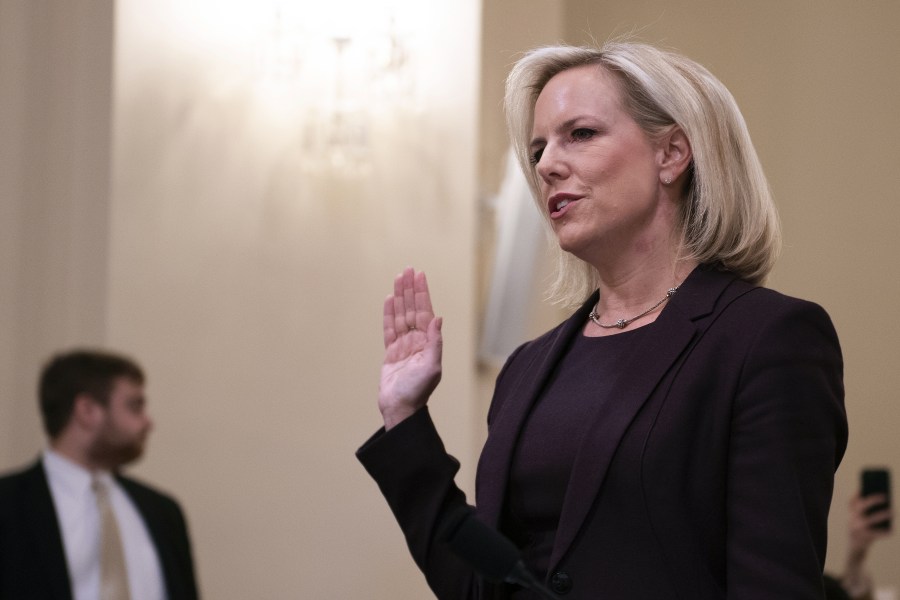 Homeland Security Secretary Kirstjen Nielsen is sworn in as she testifies before the House Homeland Security Committee on border security on Capitol Hill in Washington, D.C., on March 6, 2019. (Credit: JIM WATSON/AFP/Getty Images)