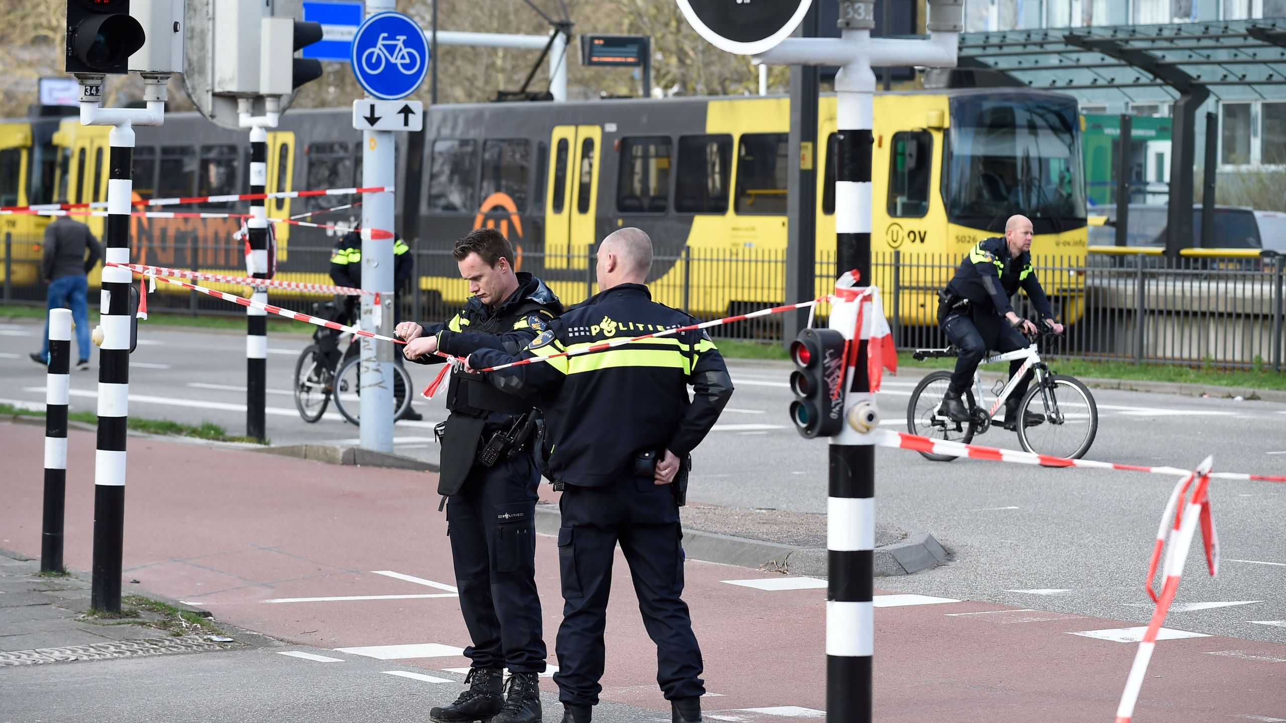 Police at work on March 18, 2019, in the Dutch city of Utrecht, near a tram where a gunman opened firein a possible terrorist incident. (Credit: JOHN THYS/AFP/Getty Images)