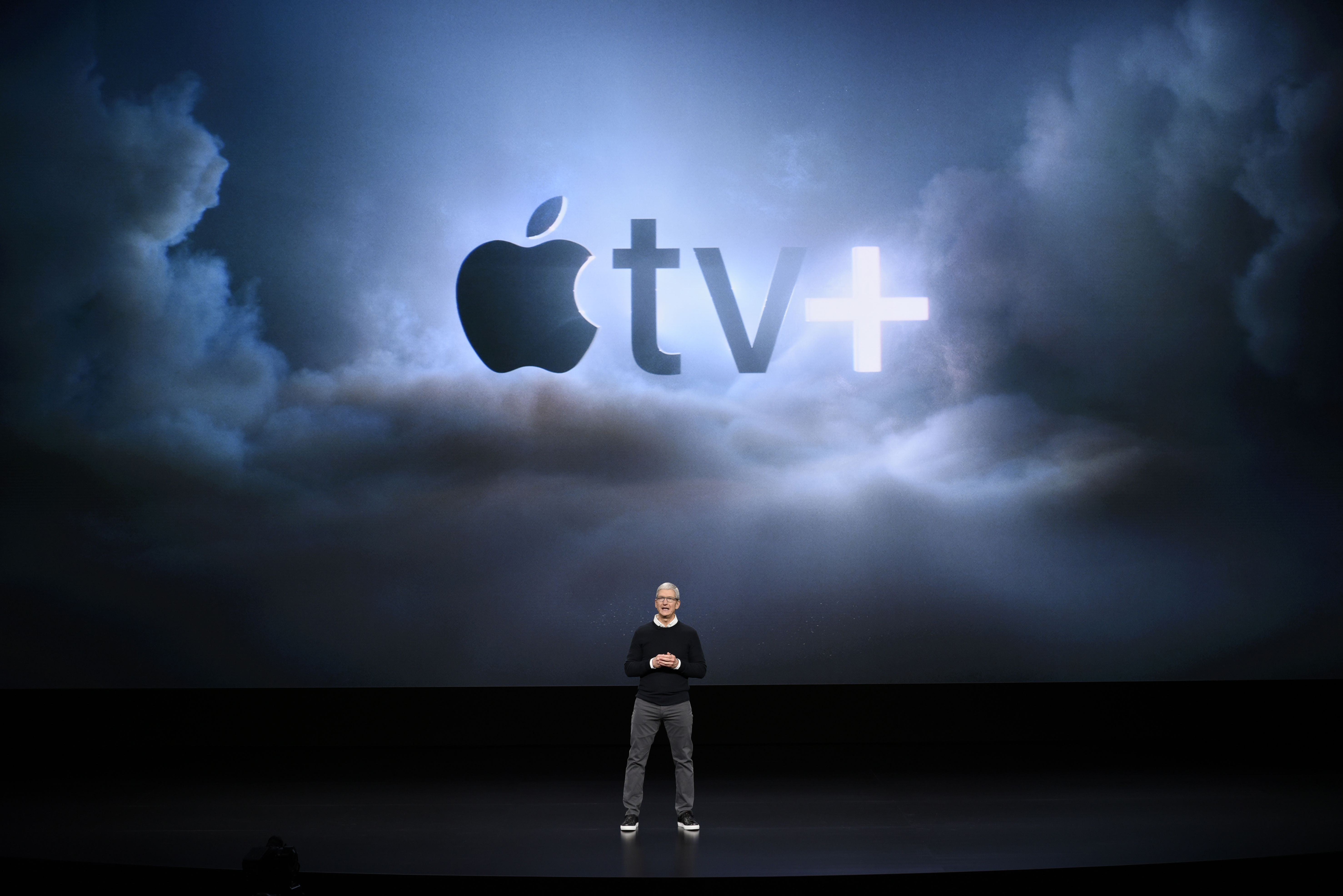 Apple Inc. CEO Tim Cook speaks during a company product launch event at the Steve Jobs Theater at Apple Park on March 25, 2019 in Cupertino, California. (Credit: by Michael Short/Getty Images)