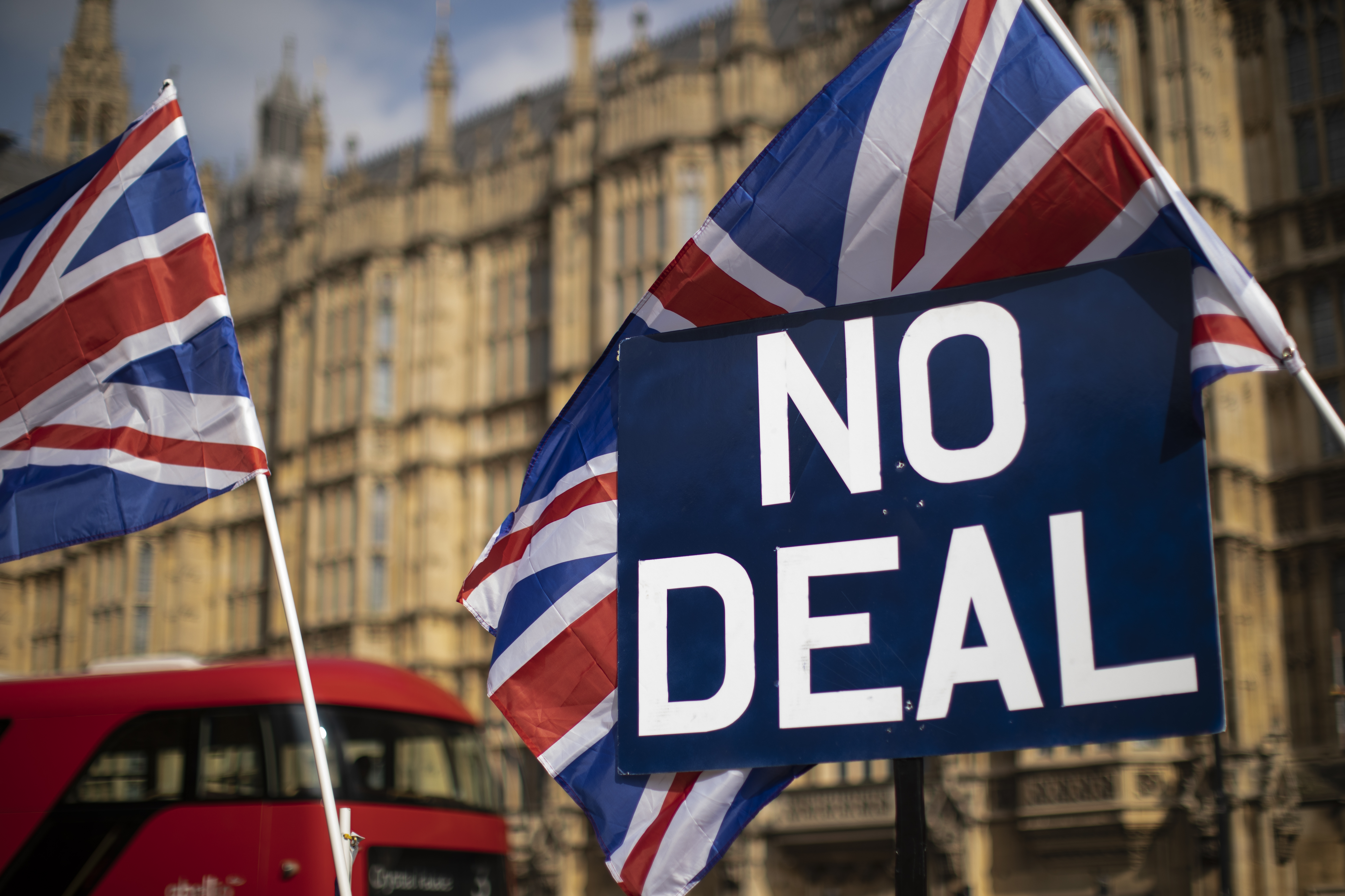 Flags and placards outside the Houses of Parliament on March 28, 2019 in London, England. (Credit: Dan Kitwood/Getty Images)