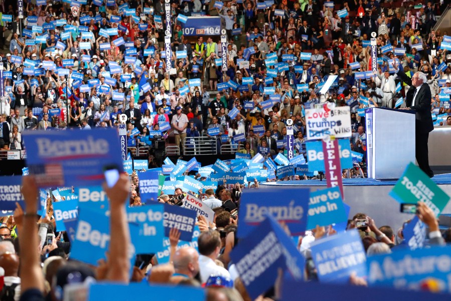 Sen. Bernie Sanders acknowledges the crowd before delivering remarks on the first day of the Democratic National Convention in Philadelphia on July 25, 2016. (Credit: Aaron P. Bernstein / Getty Images)