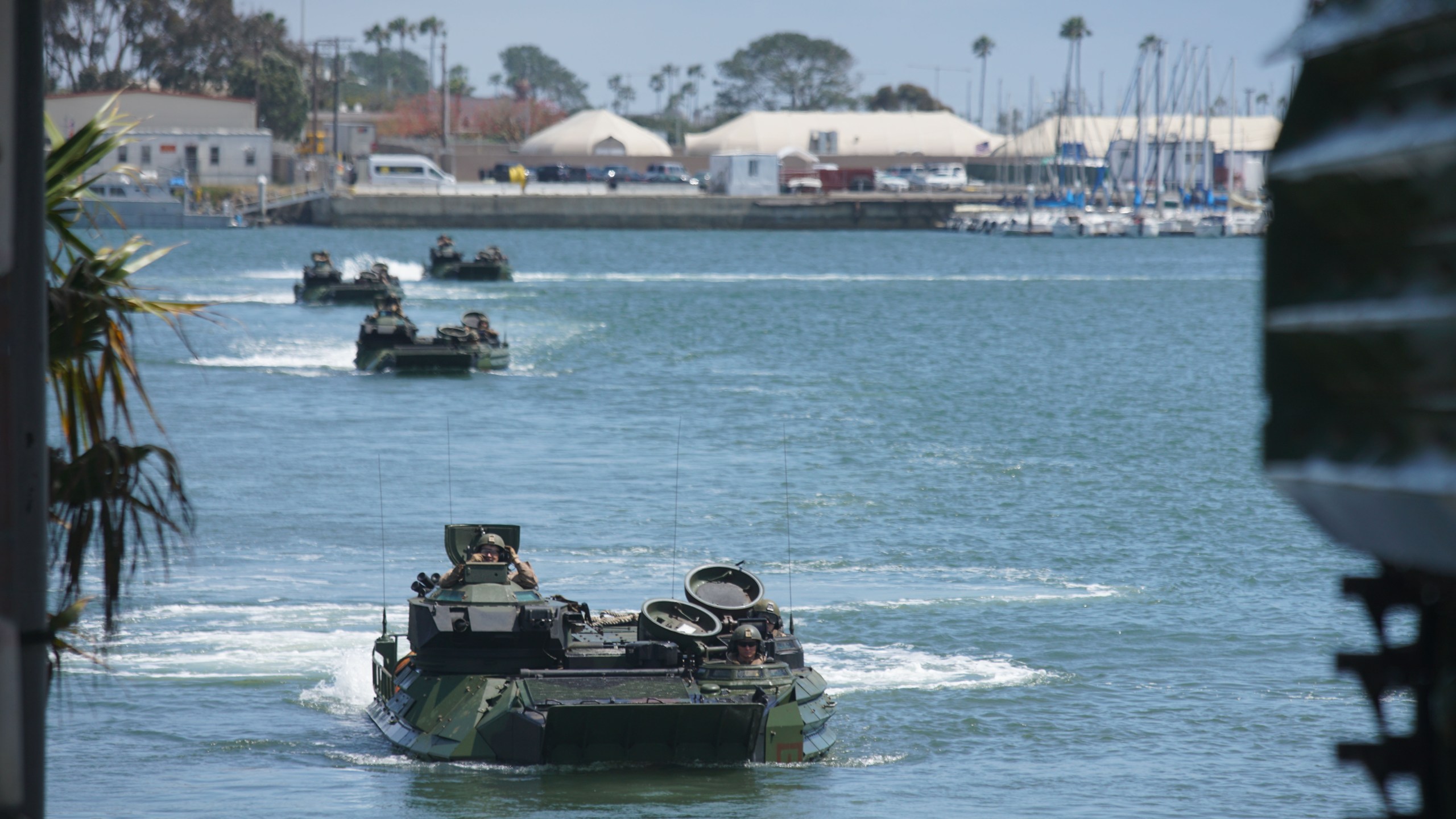 Amtrac vehicles return to shore during a homecoming reception at Camp Pendleton in Oceanside, Calif. on May 11, 2017. (Credit: SANDY HUFFAKER/AFP/Getty Images)