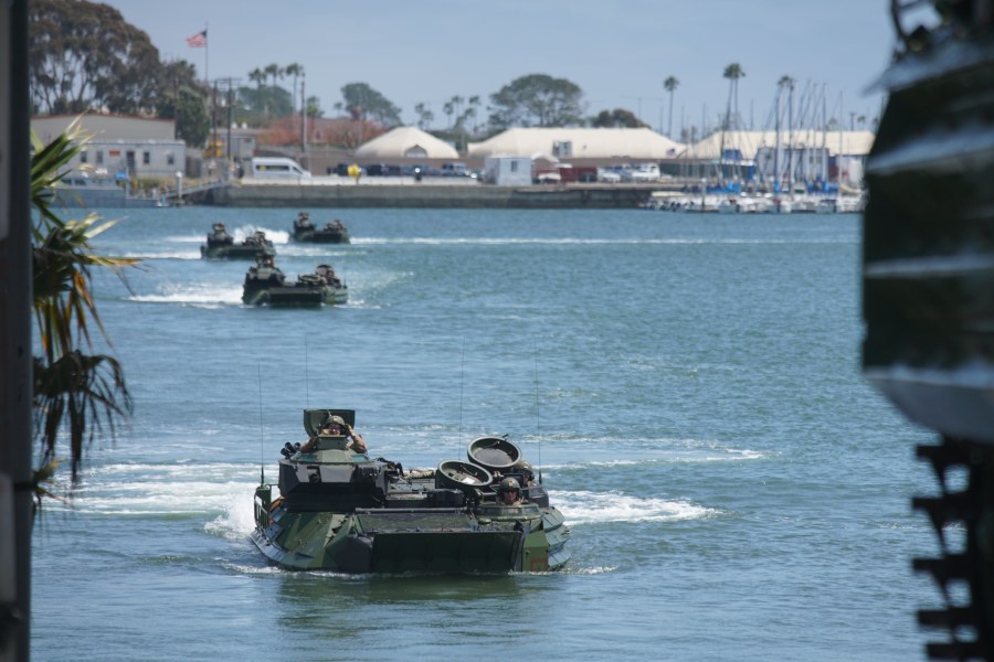 Amtrac vehicles return to shore during a homecoming reception at Camp Pendleton in Oceanside, Calif. on May 11, 2017. (Credit: SANDY HUFFAKER/AFP/Getty Images)