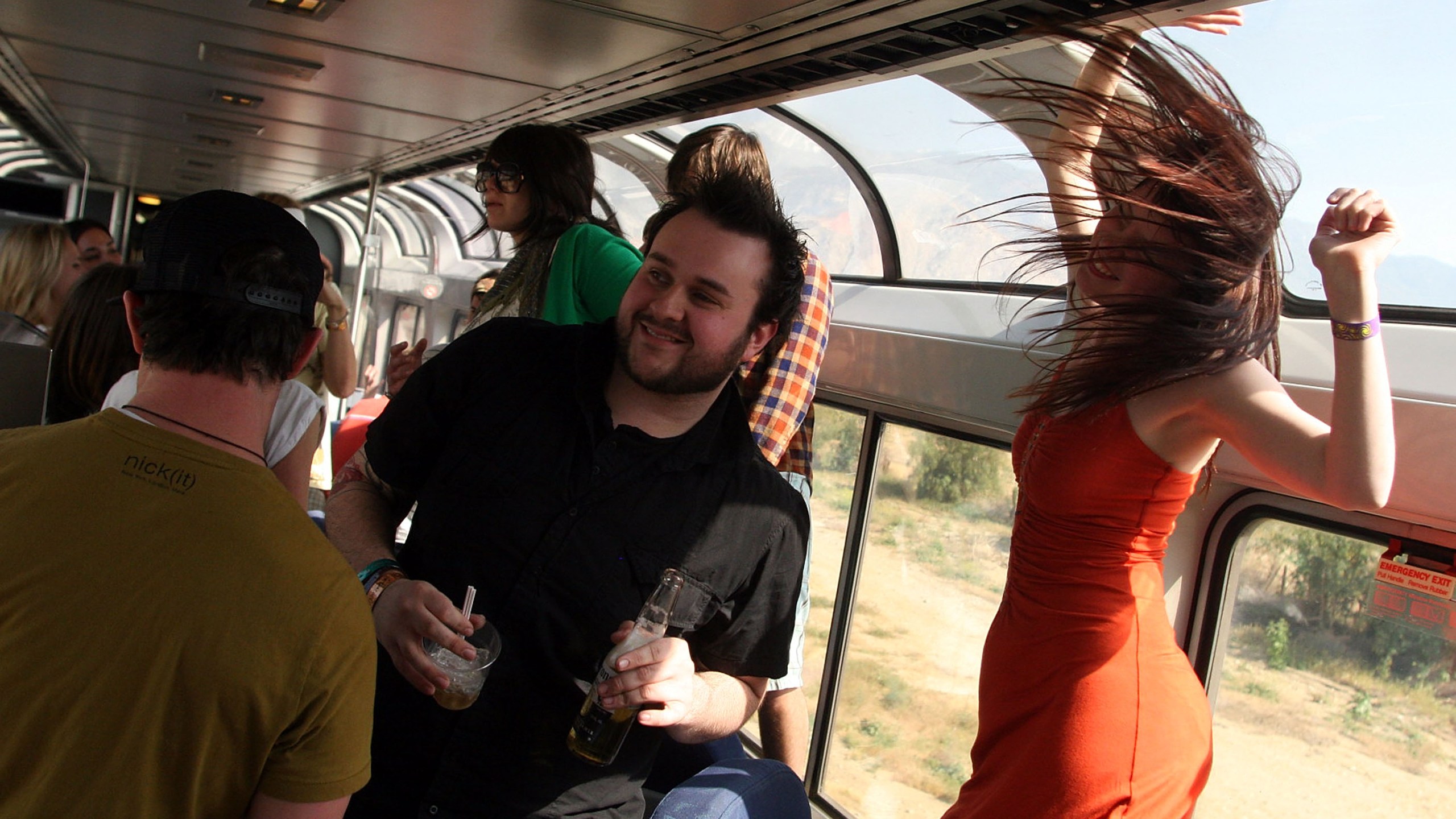 Festivalgoers ride the Coachella Express train to the Coachella Valley Music and Arts Festival in Indio on April 24, 2008. (Credit: Matt Simmons / Getty Images)