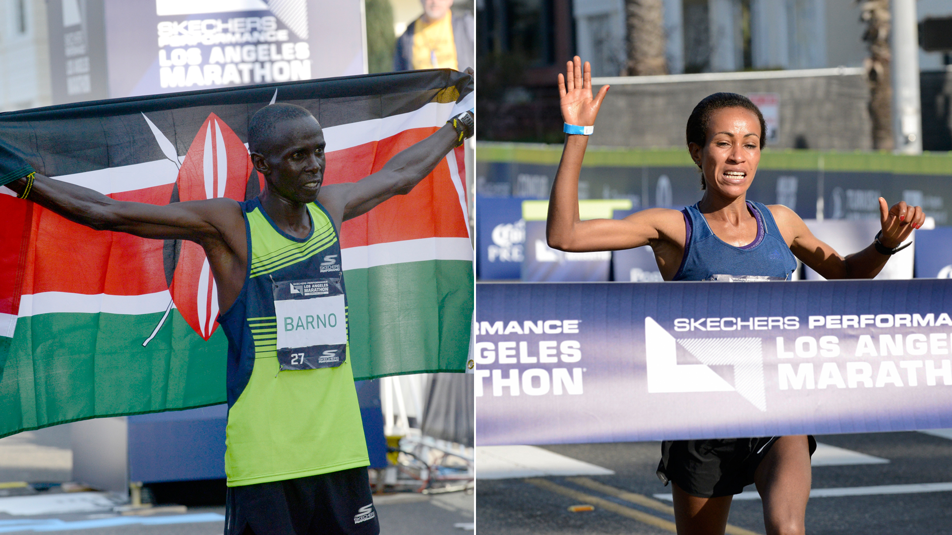 Elisha Barno, left, and Askale Merachi are seen at the end of the Los Angeles Marathon on March 24, 2019. (Credit: Jerod Harris/Getty Images for Conqur Endurance Group)