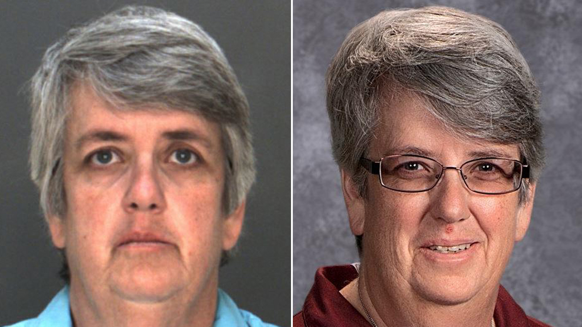 Katherine O'Neill is seen, left, in a booking photo released March 18, 2019, by the San Bernardino County Sheriff's Department, and at right in a photo from the Barstow High School website.