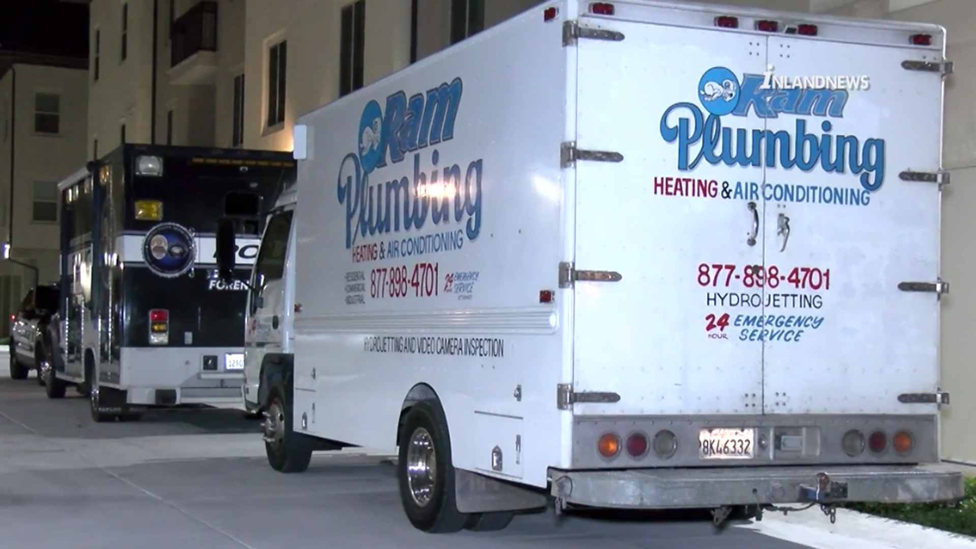 A plumbing van is seen parked alongside police investigation vehicles outside an apartment in Corona on March 18, 2019. (Credit: InlandNews)