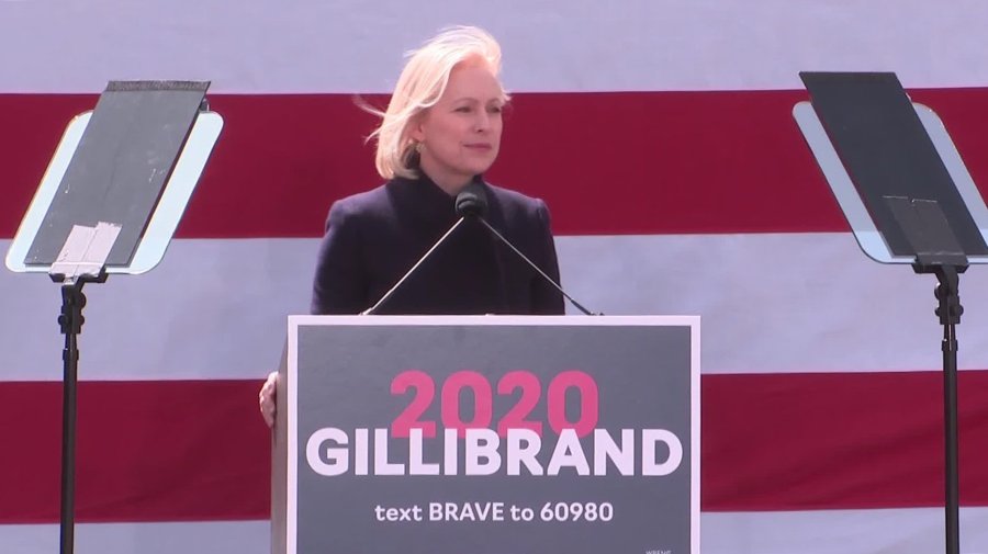 New York Sen. Kirsten Gillibrand delivering a speech in front of Trump International Hotel, kicking off her bid for the Democratic presidential nomination on March 24, 2019. (Credit: CNN)