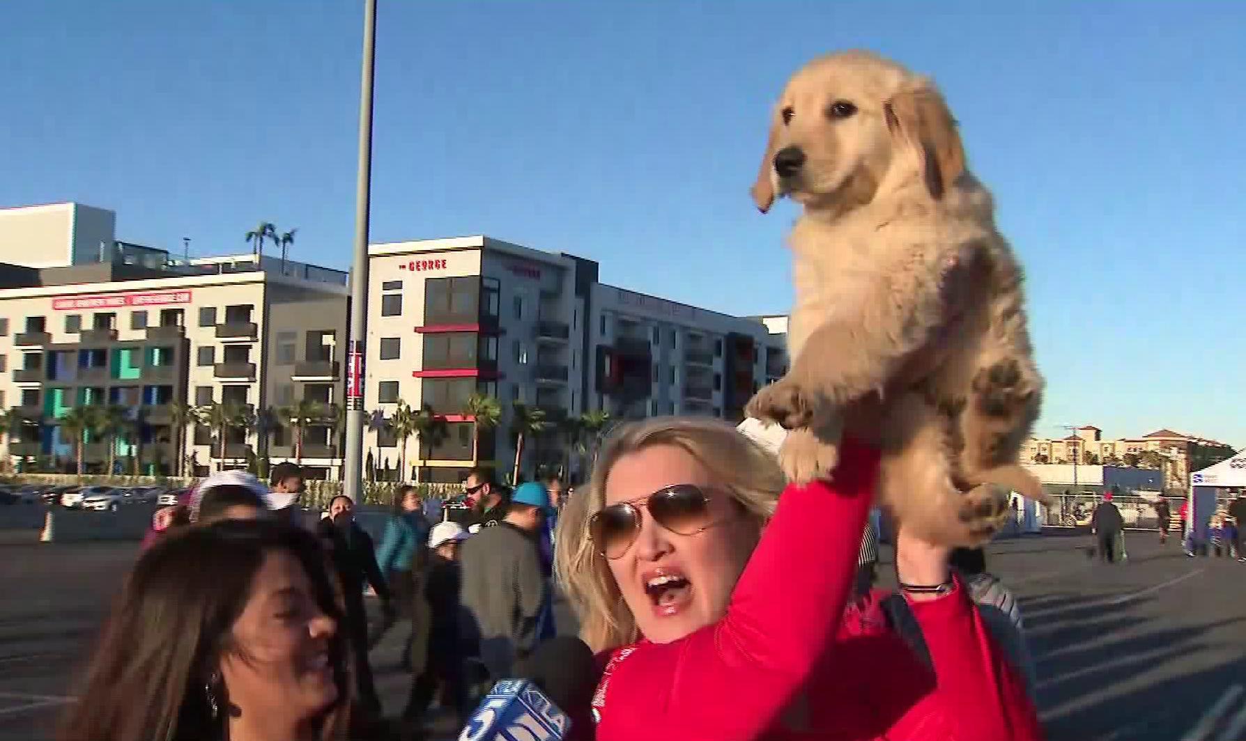 Megan Telles catches up with Wendy Burch, who emceed the 2019 O.C. Heart Walk, on March 16, 2019 in Anaheim. (Credit: KTLA)