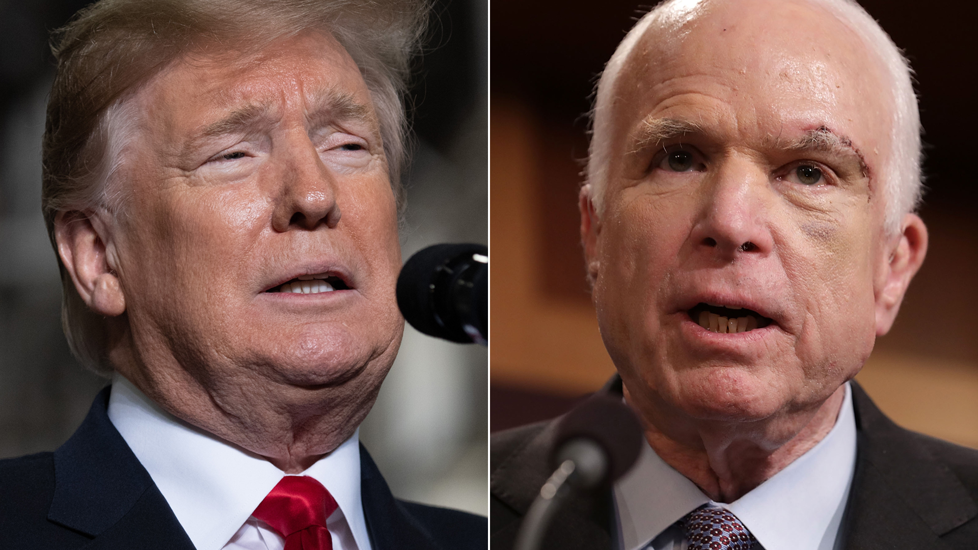 From left: President Donald Trump speaks at a manufacturing plant in Ohio on March 20, 2019, and Sen. John McCain holds a news conference with fellow GOP senators at the U.S. Capitol on July 27, 2017. (Credit: Saul Loeb / Chip Somodevilla / Getty Images)