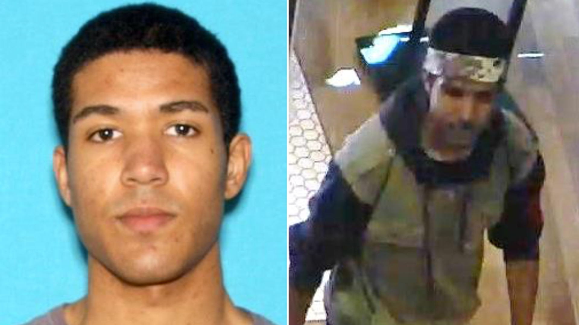 From left: Nicholas K. Oates, 25, is seen in a driver's license photo released by Los Angeles police, and a still from store surveillance shows the suspect who caused a gun scare at the Westfield Century City mall.