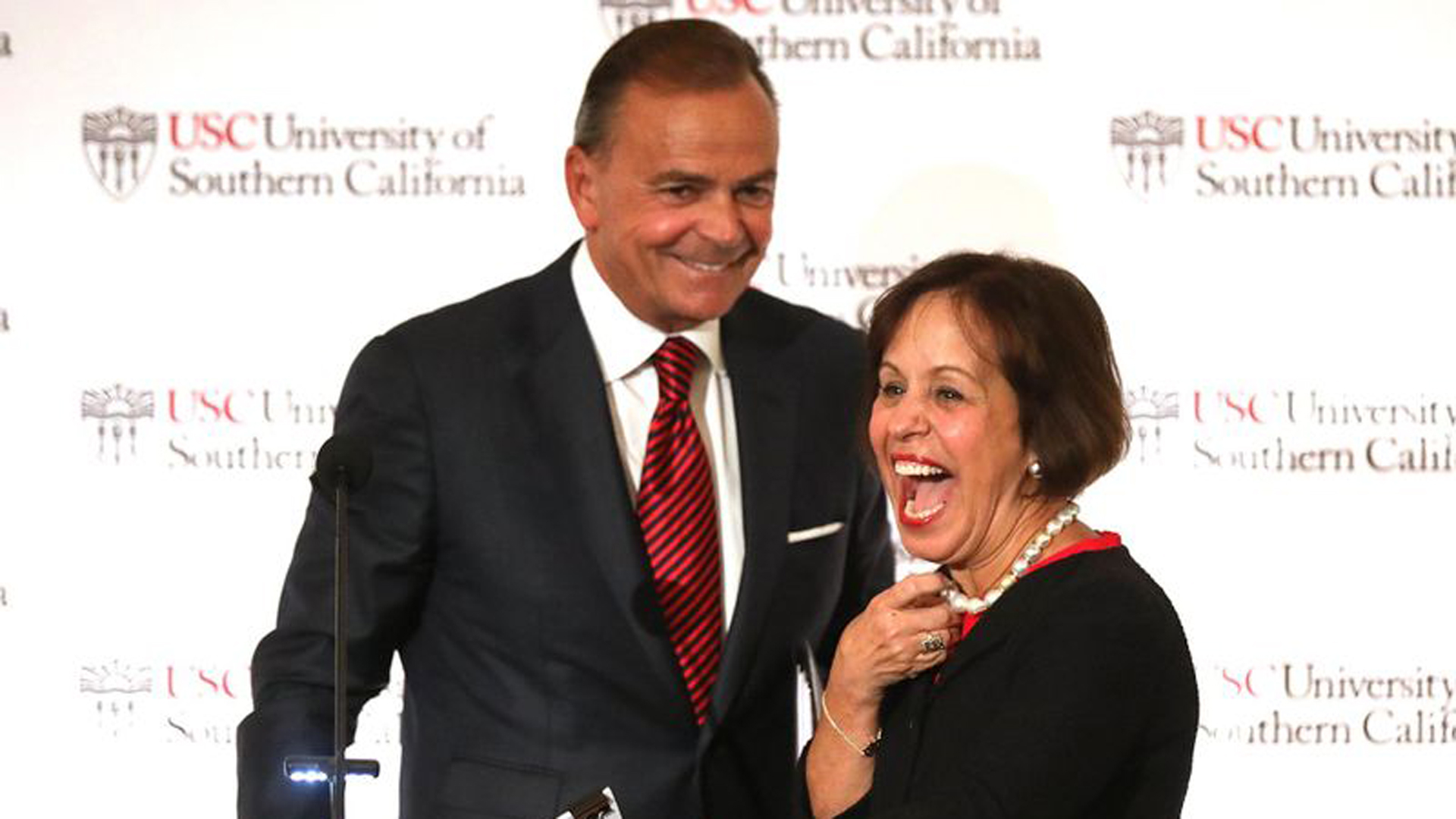 Carol L. Folt is introduced by Board Chairman Rick Caruso as USC's new president at a press conference held at Town and Gown at the University Park Campus on March 20, 2019. (Credit: Gary Coronado / Los Angeles Times)